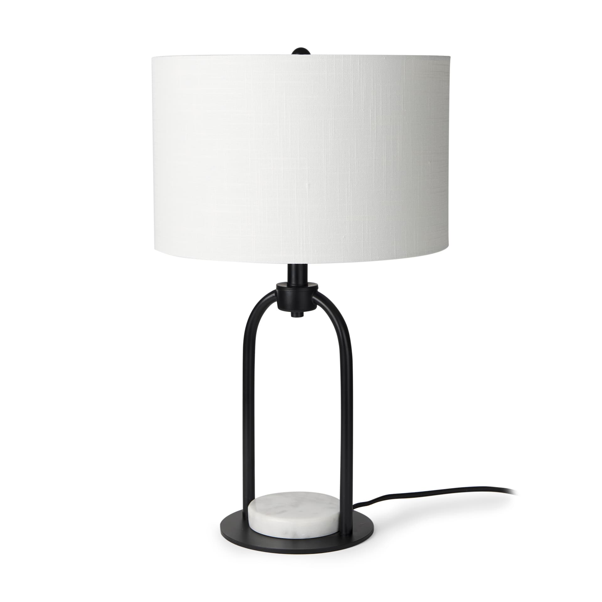 Sarah 15.0L x 10.0W x 22.2H Arched Black Metal W/Marble Cube and White Shade Table Lamp — product photograph