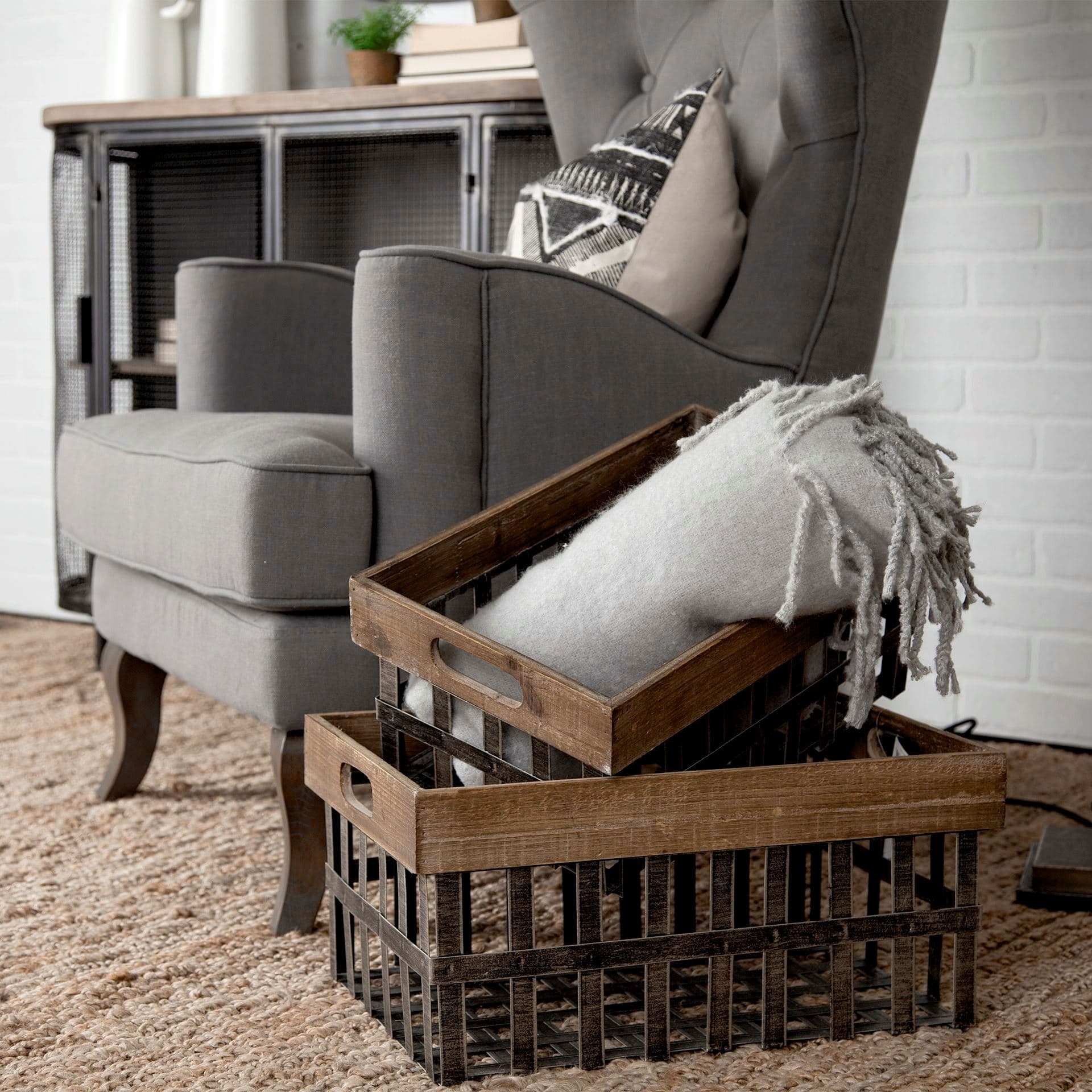 Chartrand Set of 2 Wood And Metal Open Crate Style Baskets — product photograph