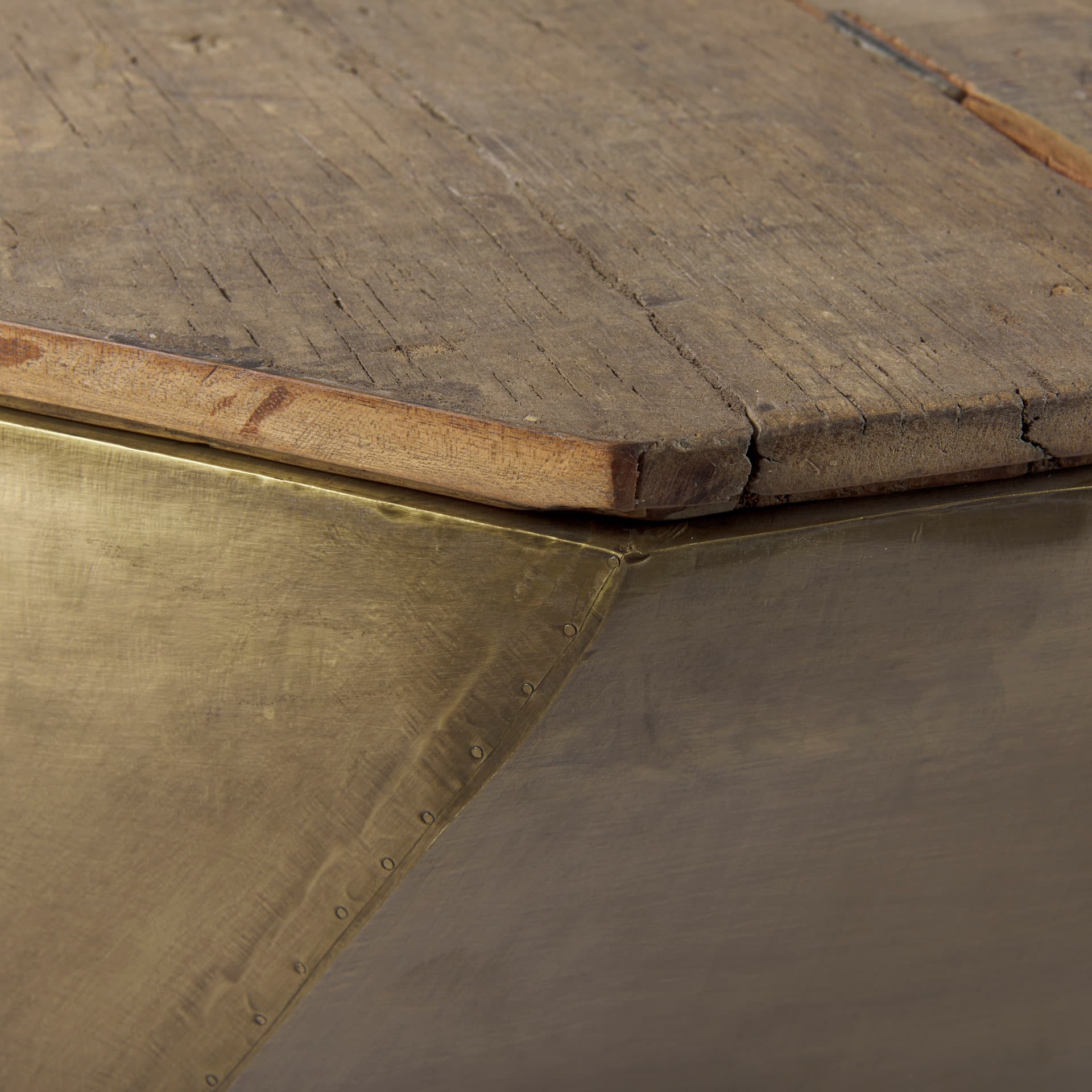 Esagono Octagonal Gold Metal-Clad Reclaimed Wood Coffee Table w/ Storage — product photograph