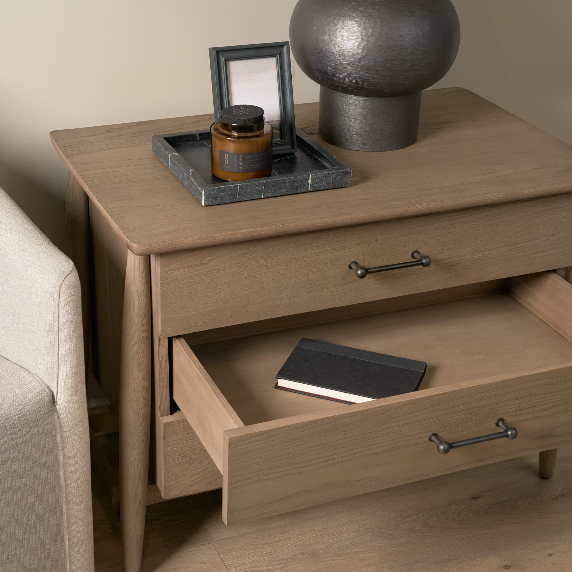 Hollis Gray-Brown Wood 3-Drawer Closed Nightstand — product photograph