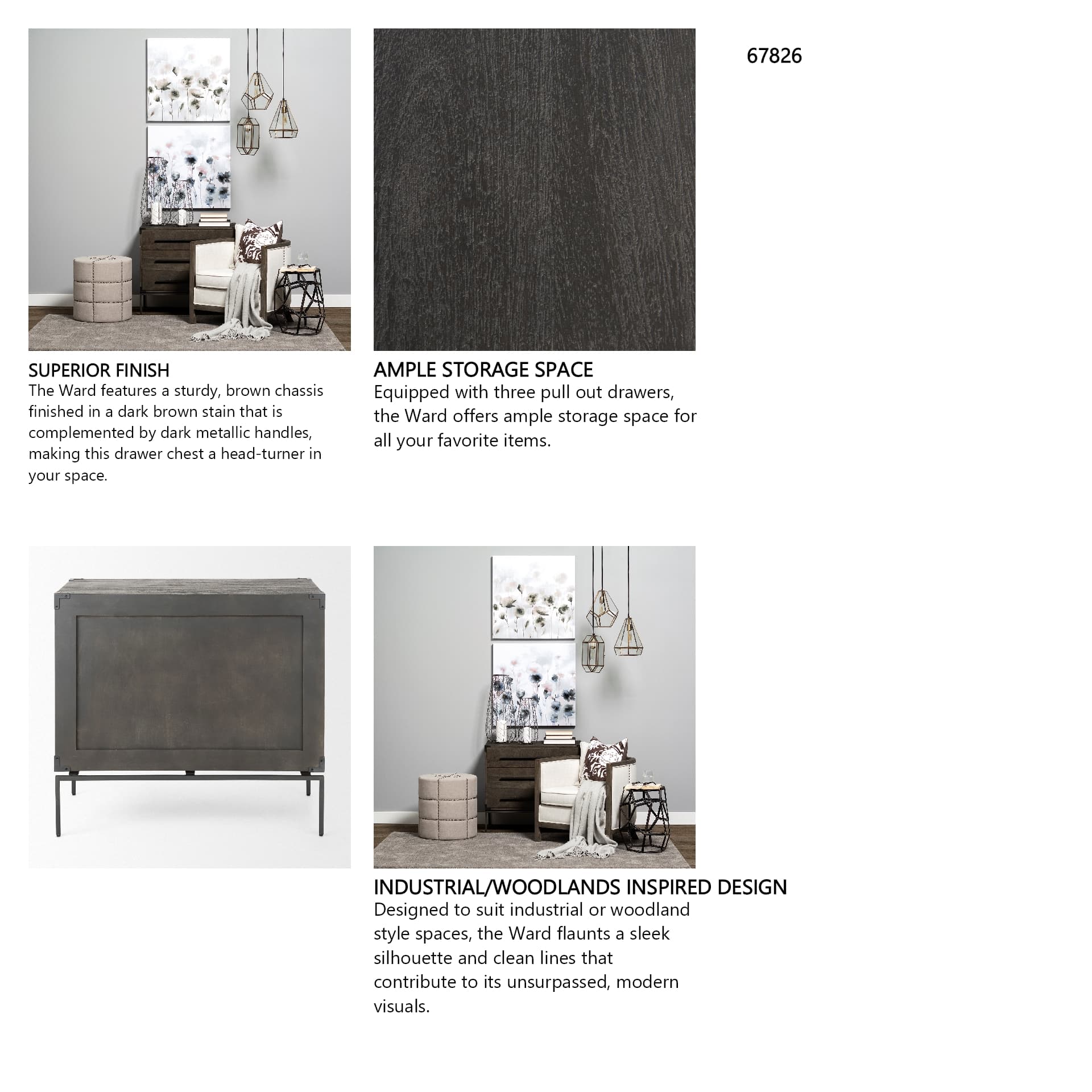 Ward 34L x 18W Brown Wood and Iron 3 Drawer Accent Cabinet — in a styled room