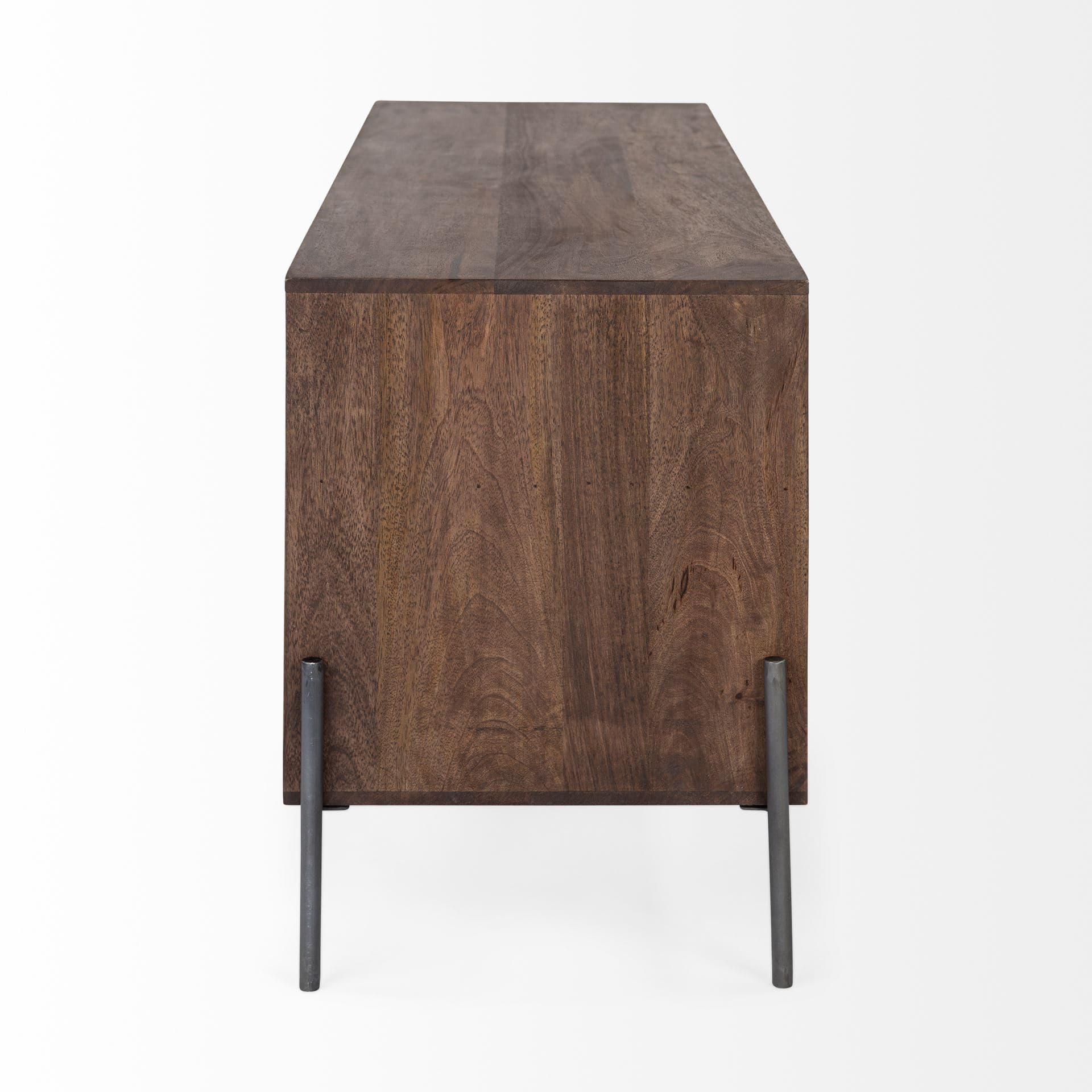 Glenn IV Dark Brown Wood w/ Black Iron Frame Media Console w/ Storage, TV Stand for TV up to 71" — product photograph