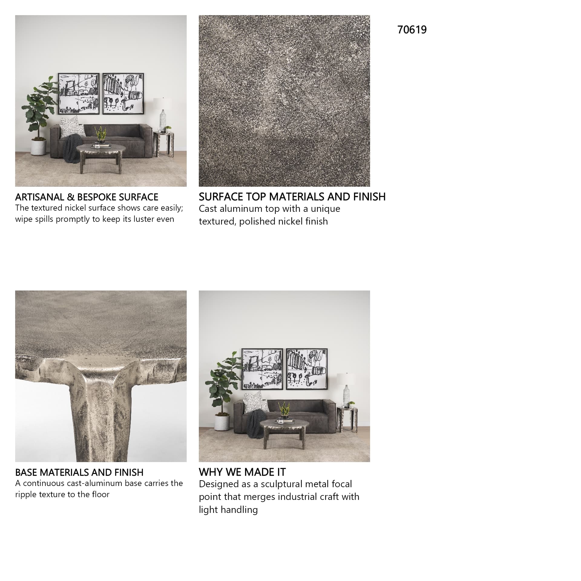Randy Silver Nickel Cast Aluminum Metal Coffee Table — in a styled room