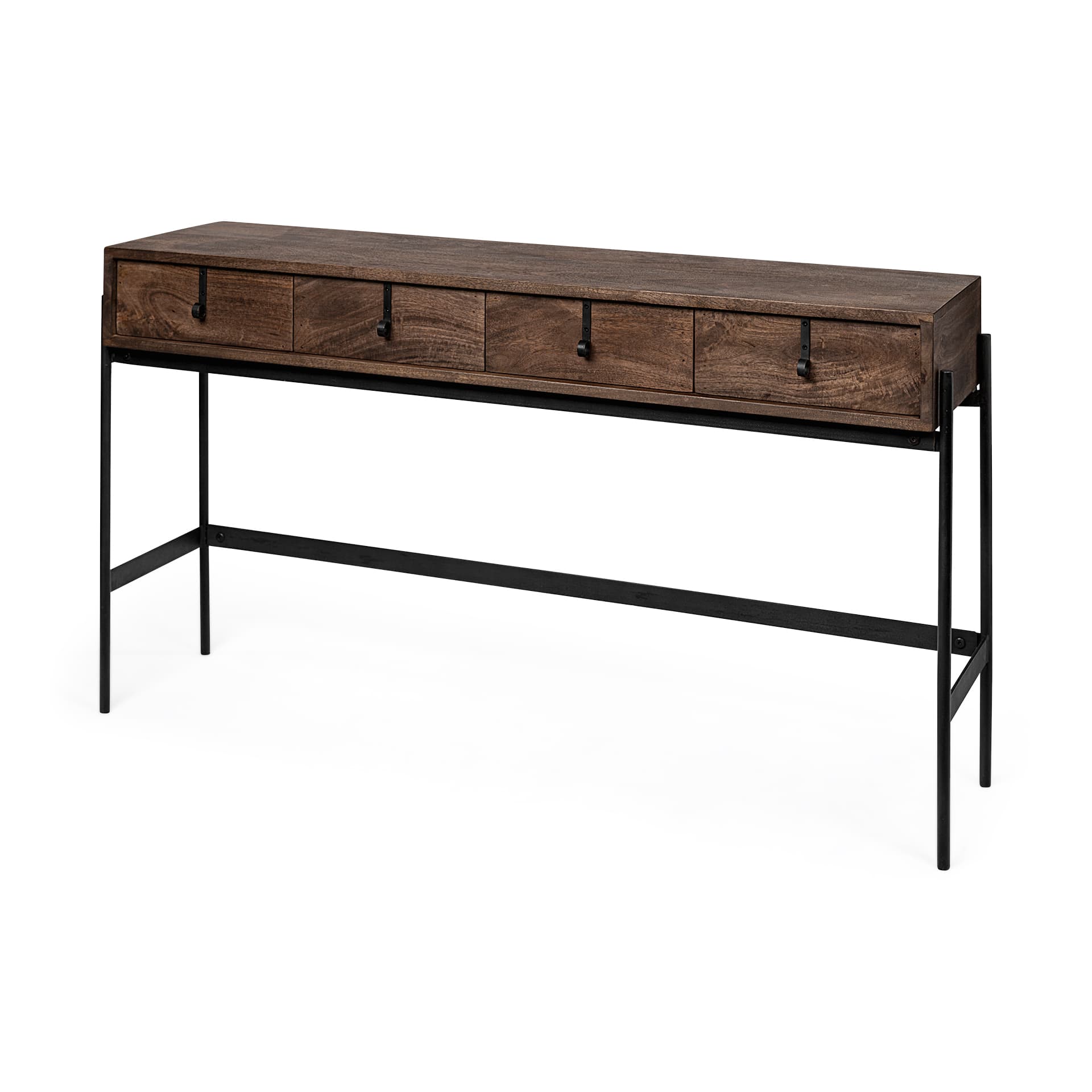 Glenn III 56L x 14W Dark Brown Wood w/ Black Iron Frame, 4 Drawer Console Table — product photograph