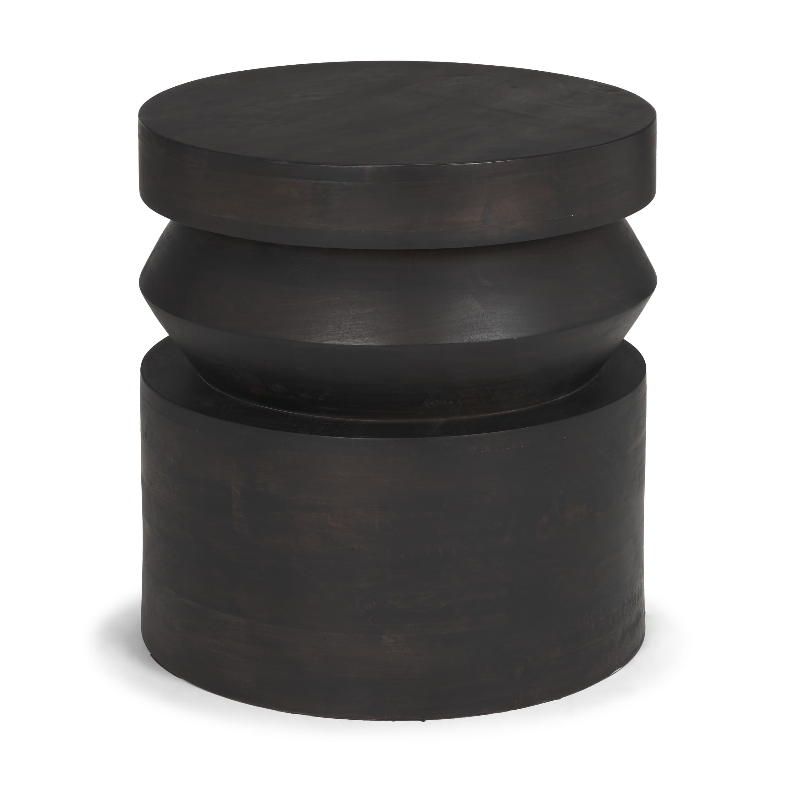 Rashama Dark Brown Wood Stacked Geometric Round Accent Table — product photograph