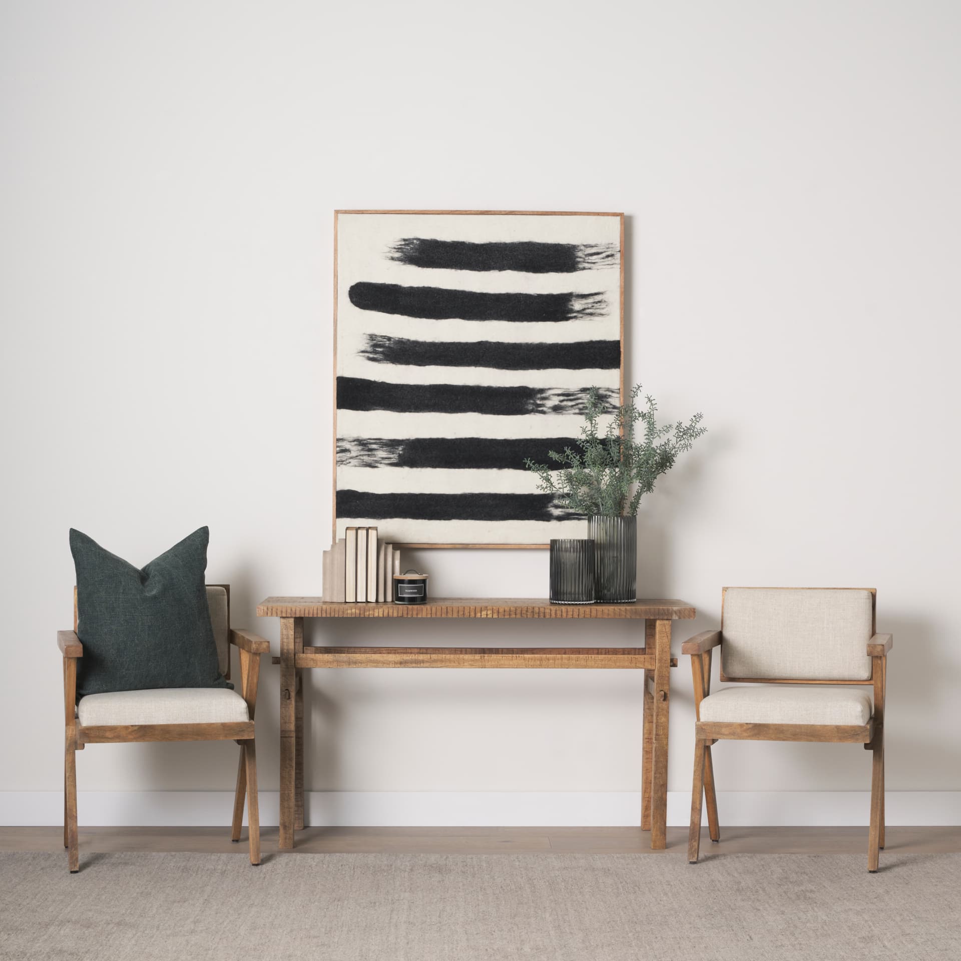 Rollins Large Cream w/ Black Stripes Wool Framed Art — in a styled room
