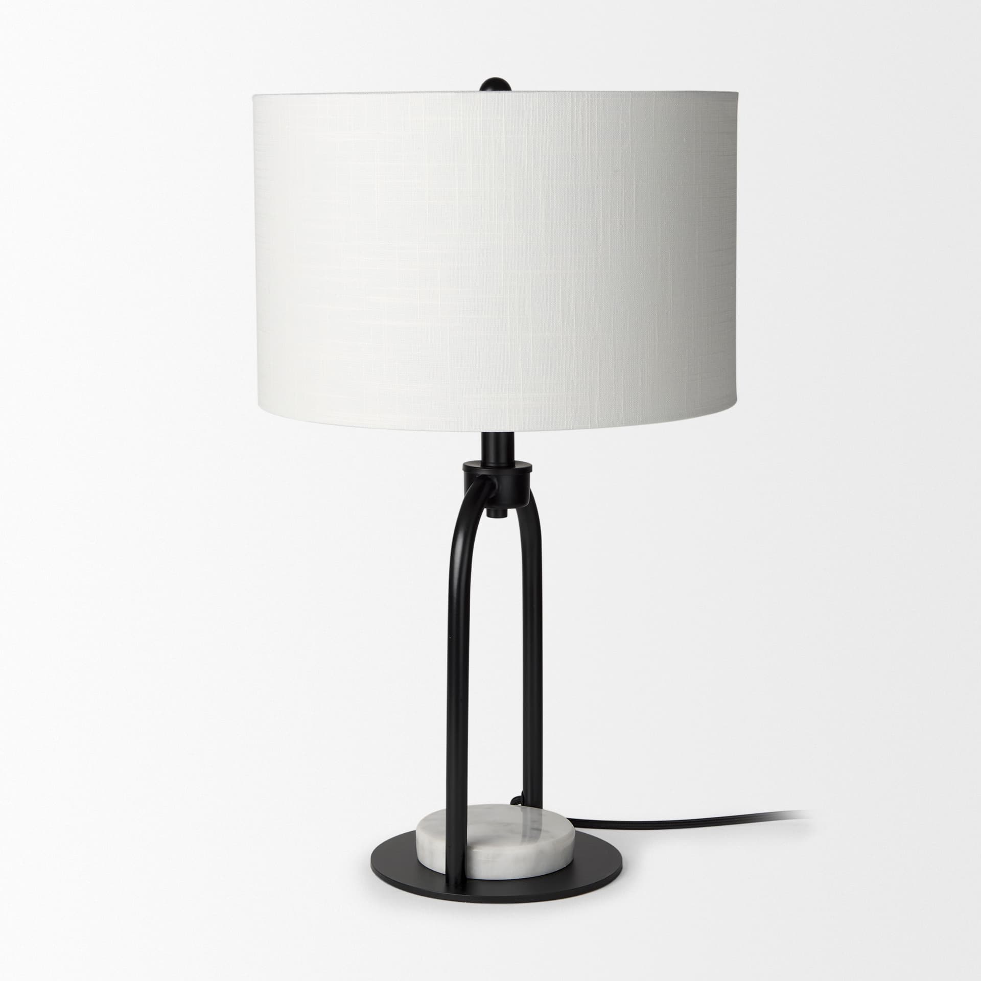 Sarah 15.0L x 10.0W x 22.2H Arched Black Metal W/Marble Cube and White Shade Table Lamp — product photograph