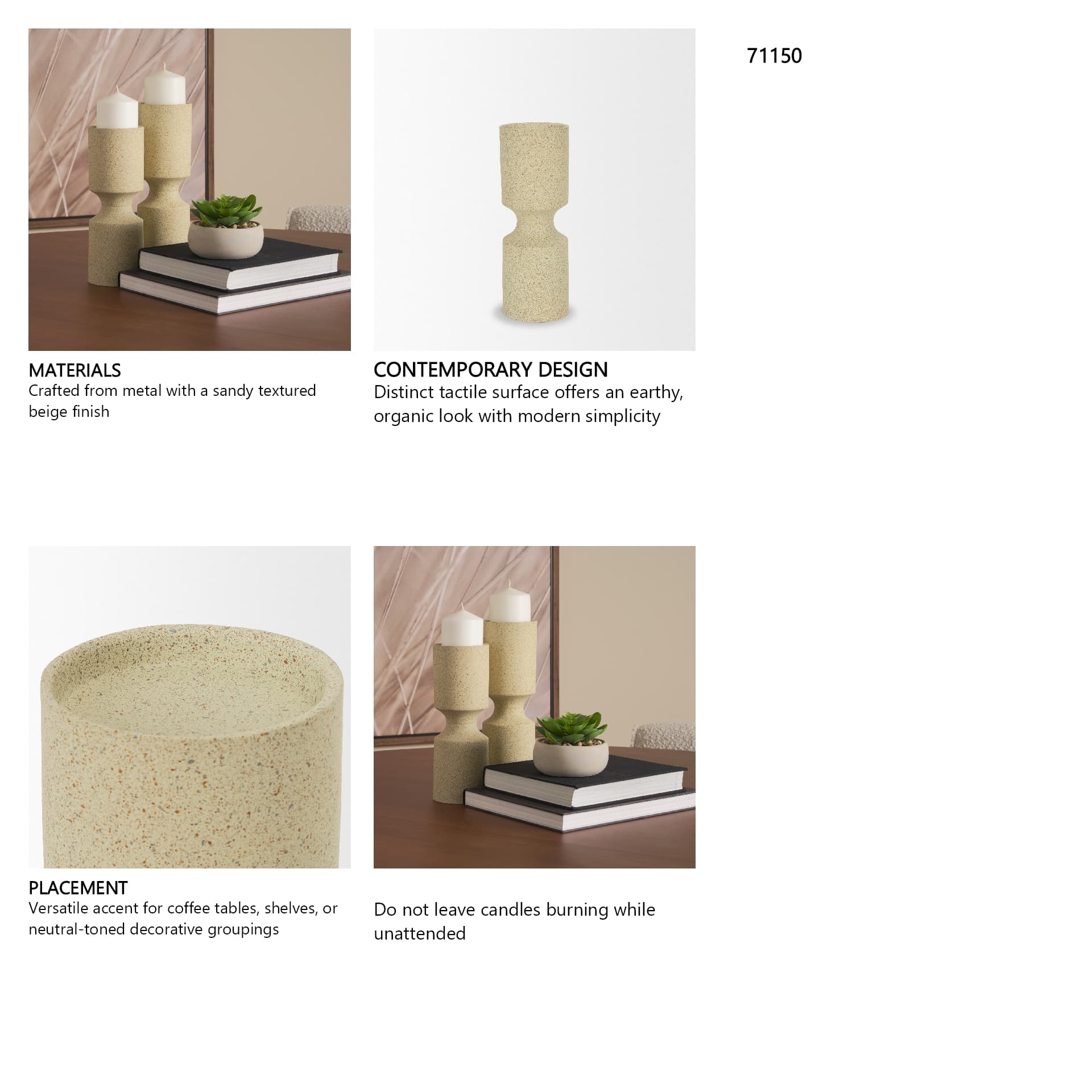 Akira Small Textured Beige Metal Pillar Candle Holder — in a styled room