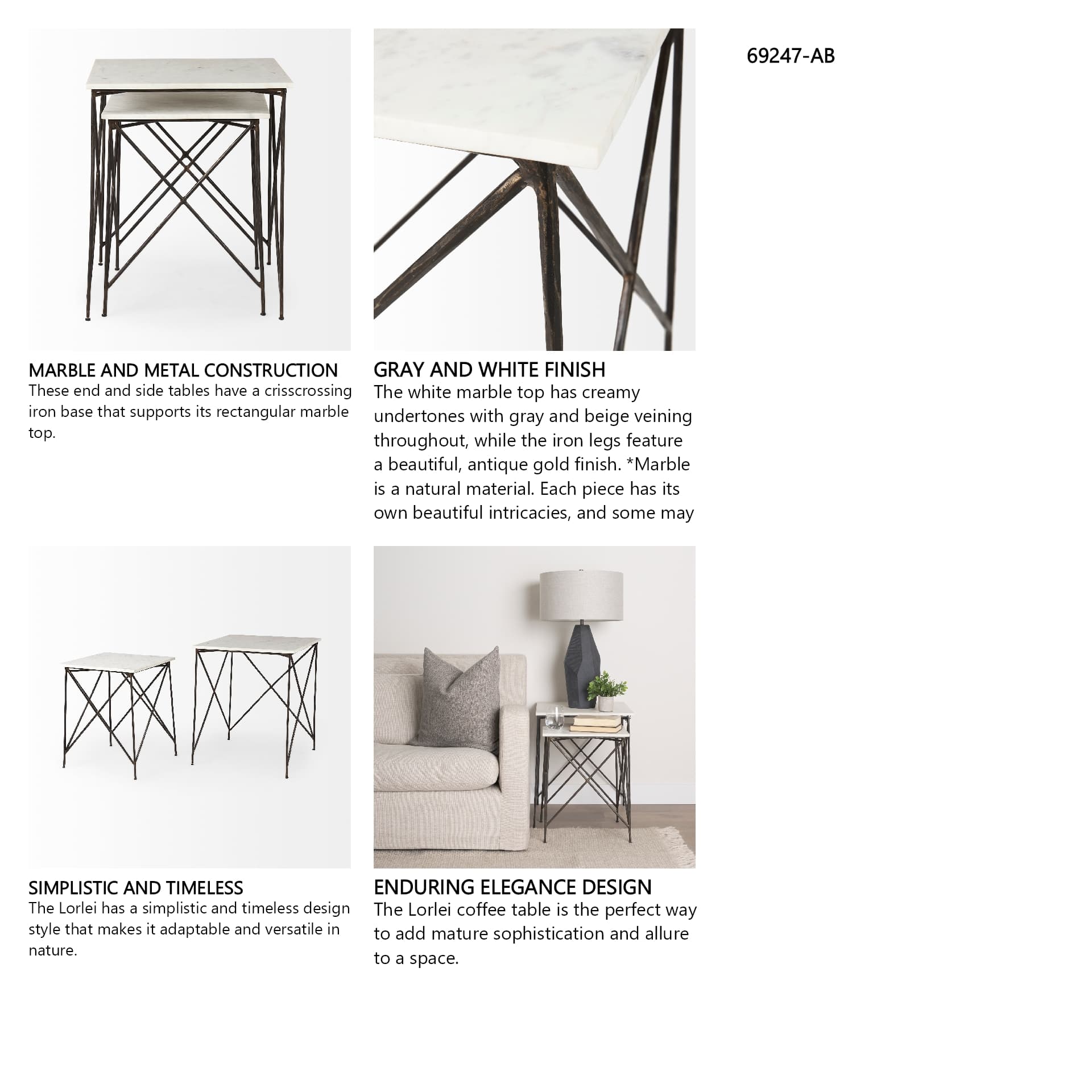 Lorlei 20.0L x 20.0W x 23.8H White Marble Top W/ Gray Iron Legs End and Side Table — in a styled room