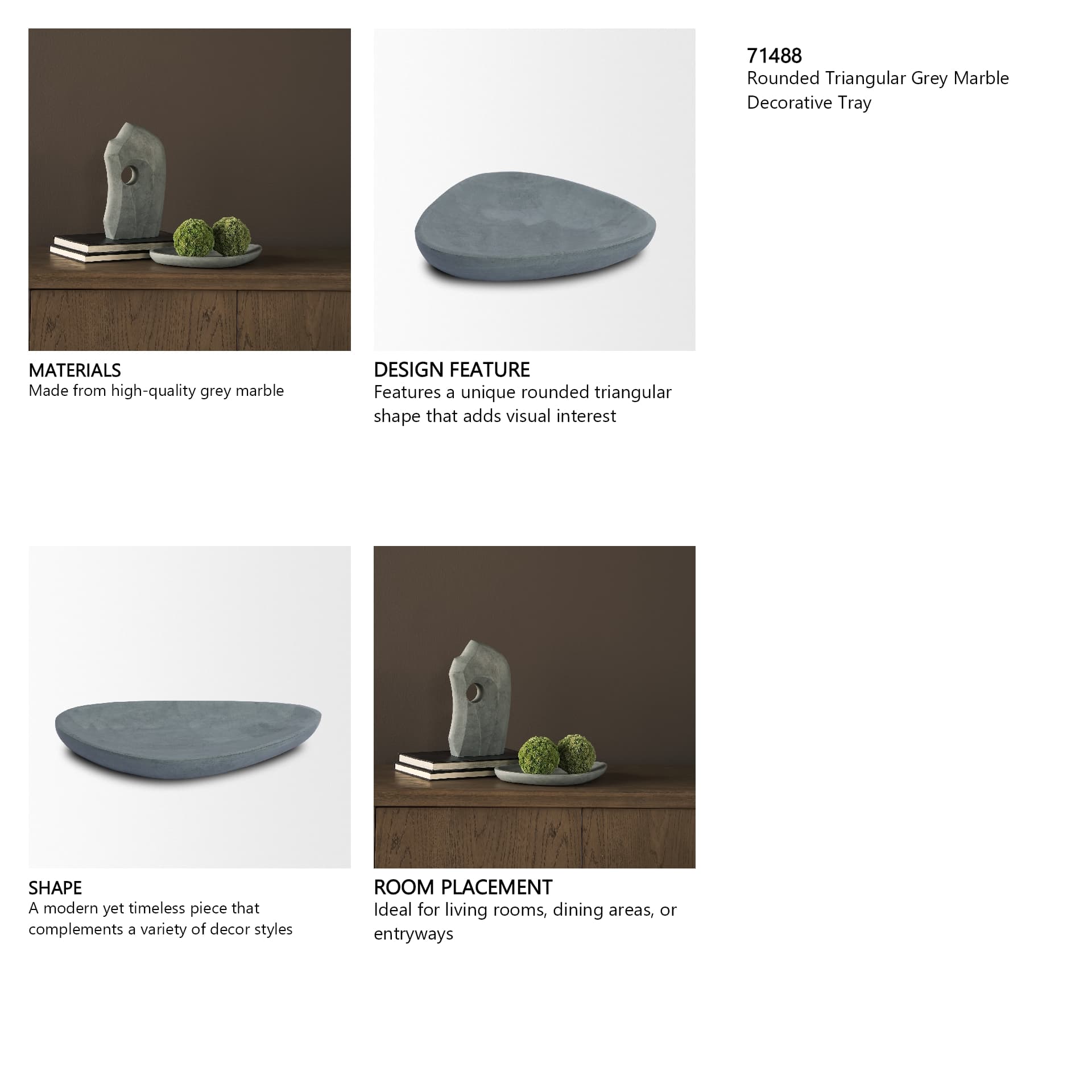 Tria Rounded Triangular Grey Marble Decorative Tray — in a styled room