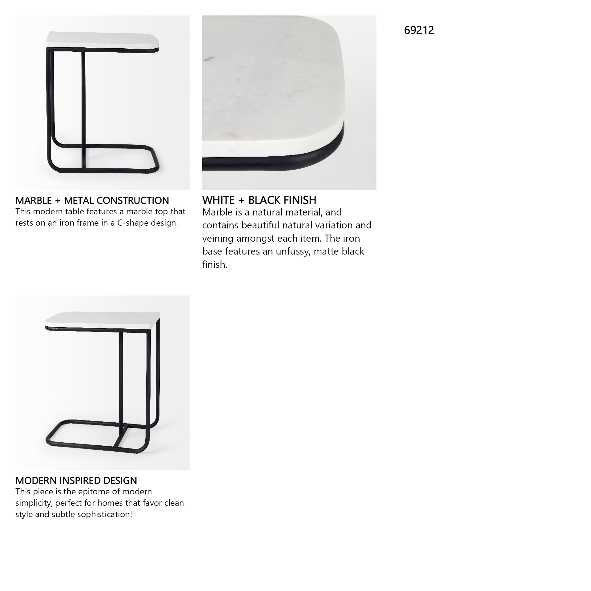Kyra 12.0L x 20.0W x 23.0H White Marble Top W/Black Iron Frame C-Shaped End and Side Table — in a styled room