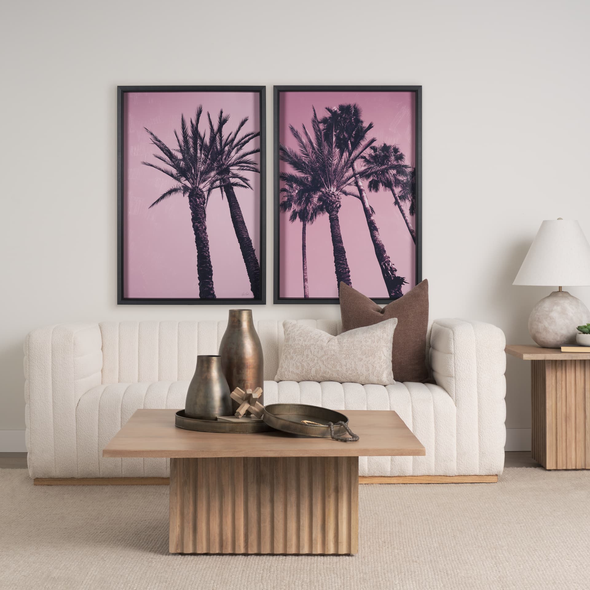 Pink Palms II by Deborah Revell a Hand Embellished Framed Photo Art Print — in a styled room