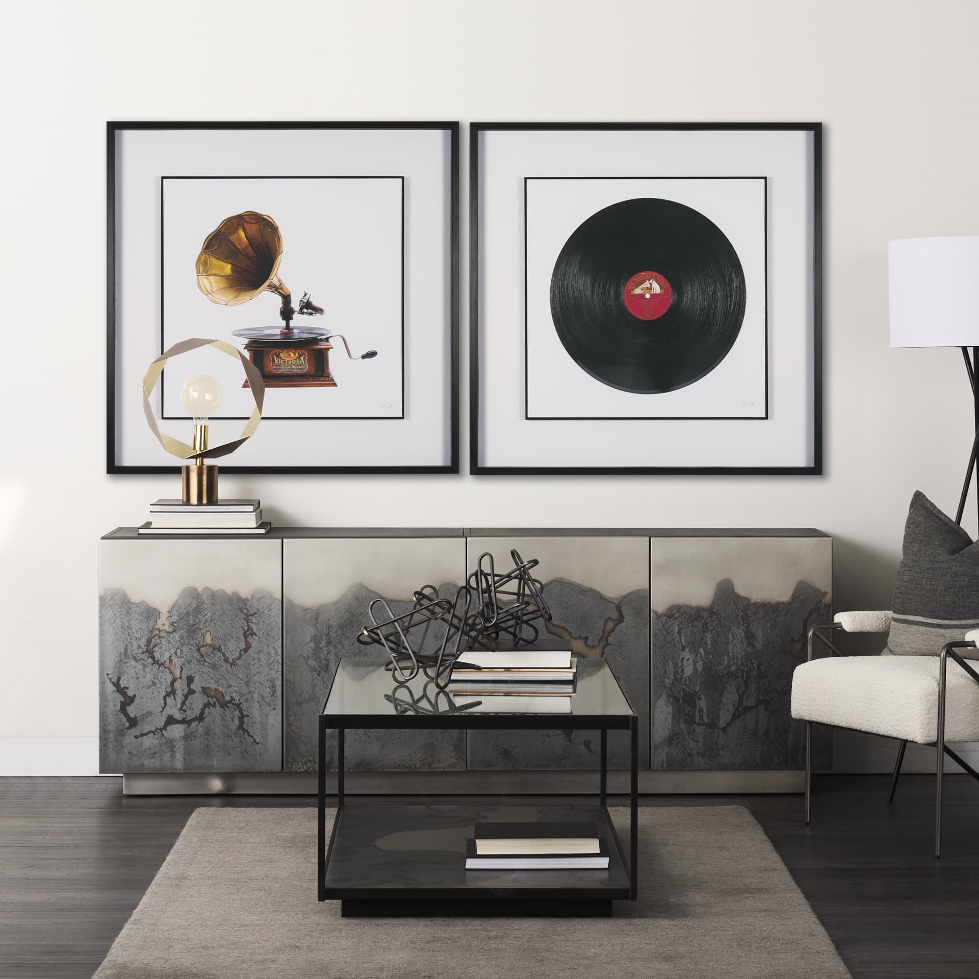 Gramaphone by Deborah Revell Hand Embelished Framed Art Print Matted under Glass — in a styled room