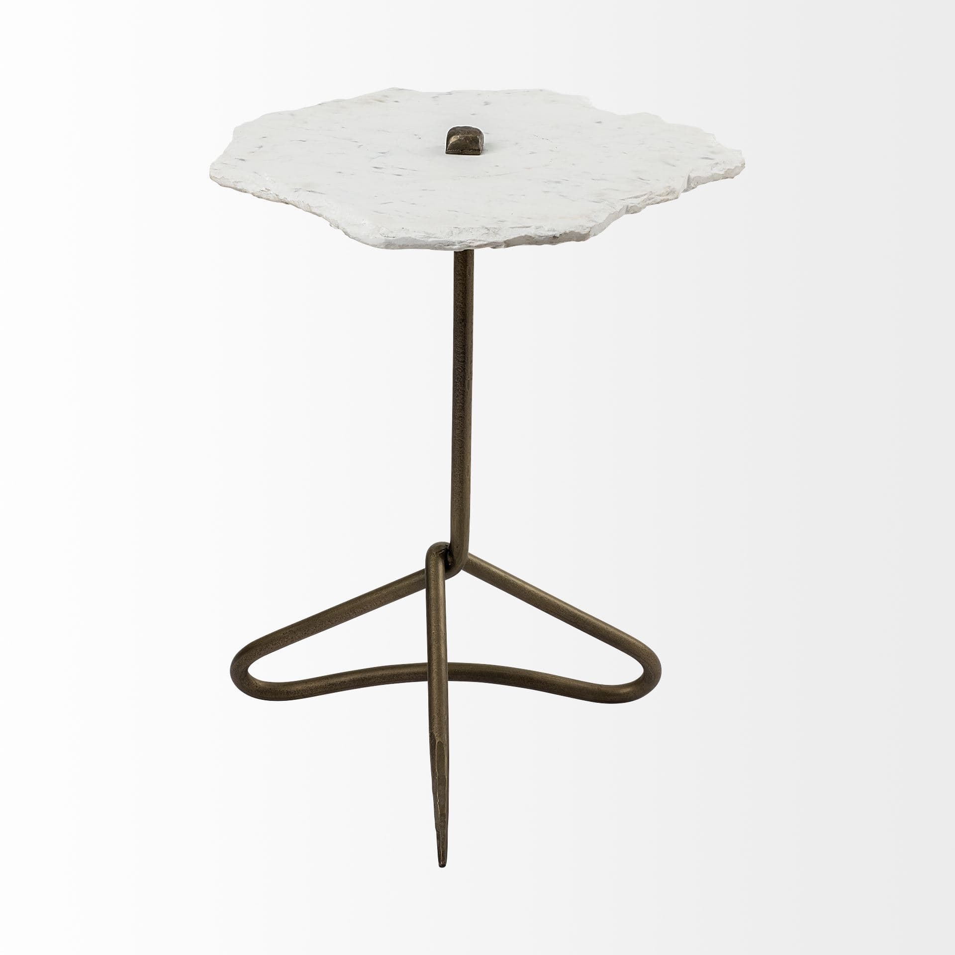 Pinera II 19L x 19W White Marble W/ Triangluar Gold Iron Base Accent Table — product photograph