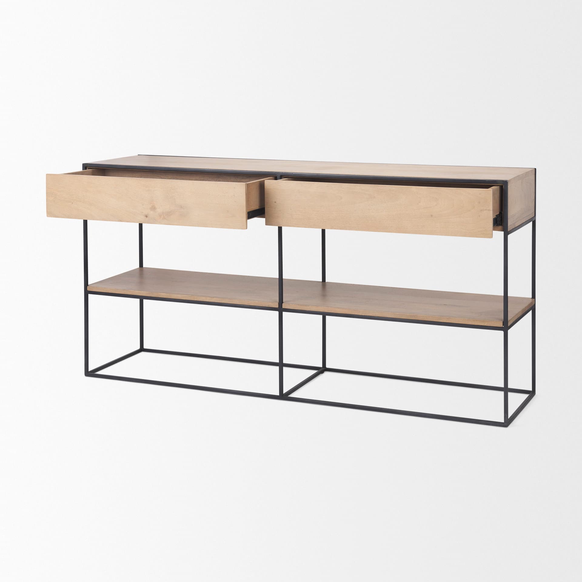 Morris 63.0L x 15.0W x 31.0H Beige Wood w/ Black Metal Frame 2 Drawer Console Table — product photograph