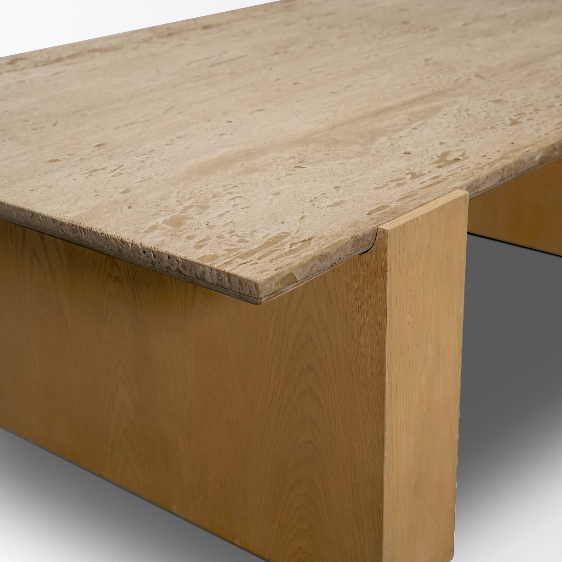 Milos Travertine Top w/ Light Brown Oak Wood Coffee Table — product photograph