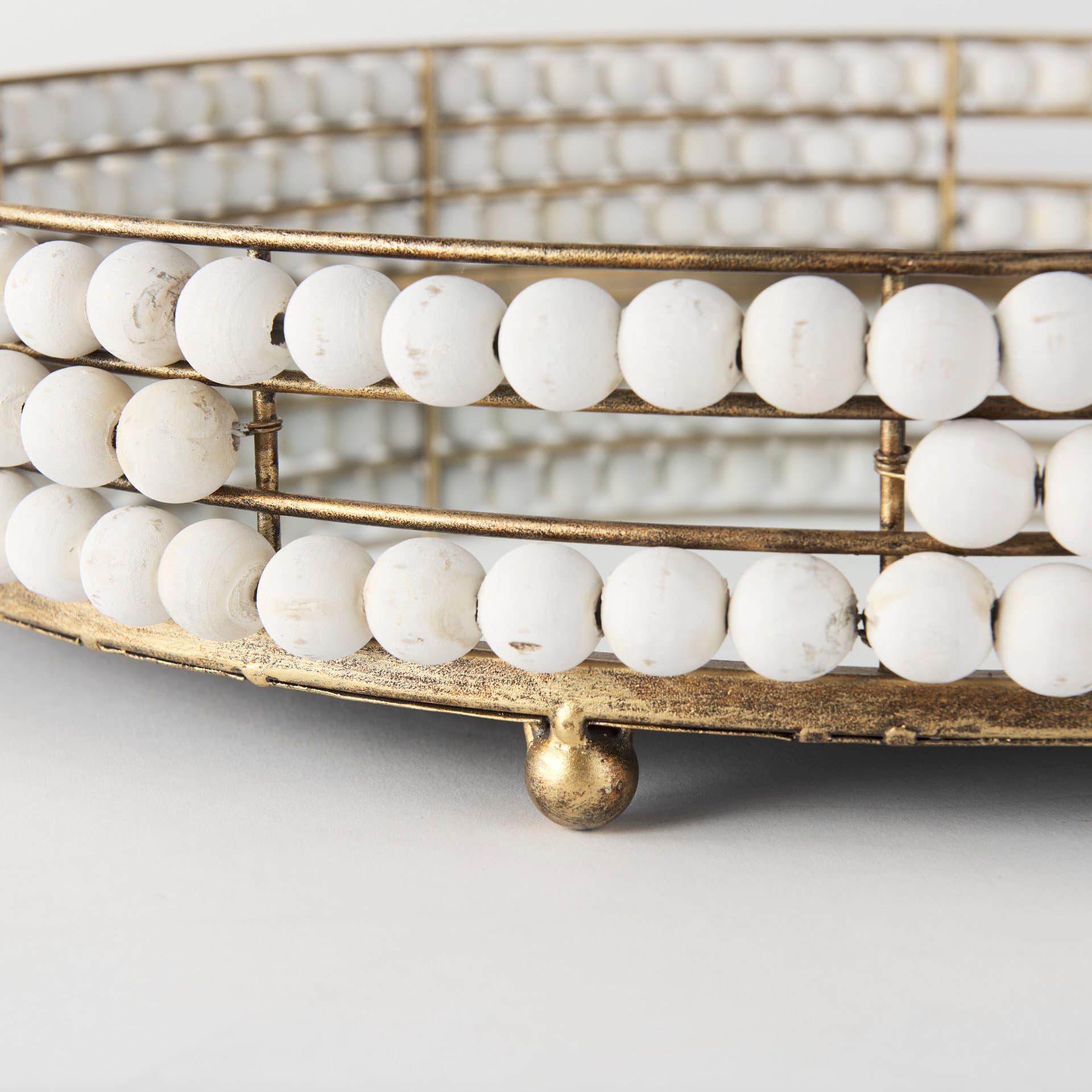 Decatur I 21L x 21W White Wooden Bead Mirrored Bottom Round Tray — product photograph