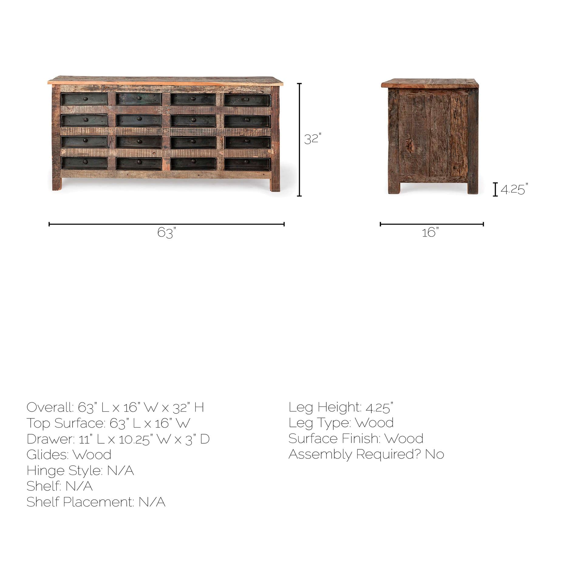Wilton I 63x16 Reclaimed Wood and Metal 16 Drawer Sideboard — product photograph