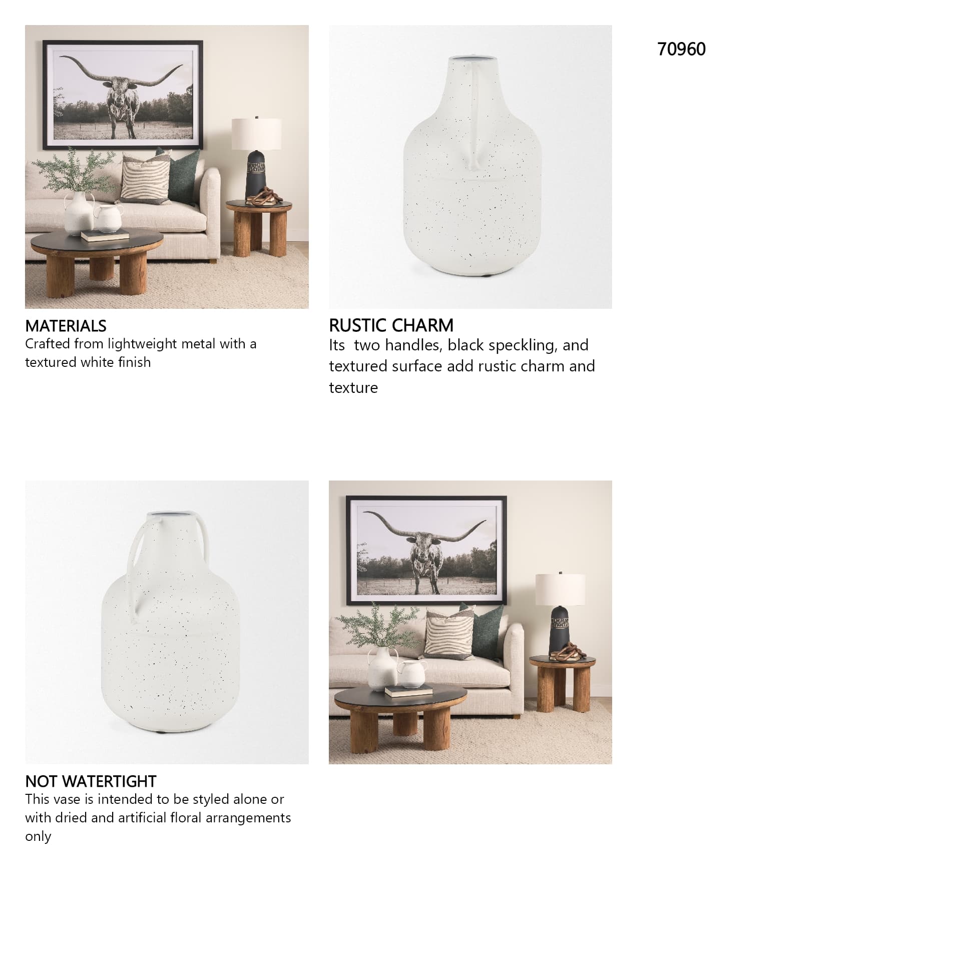 Treva Tall White w/ Black Speckles Metal Vase — in a styled room