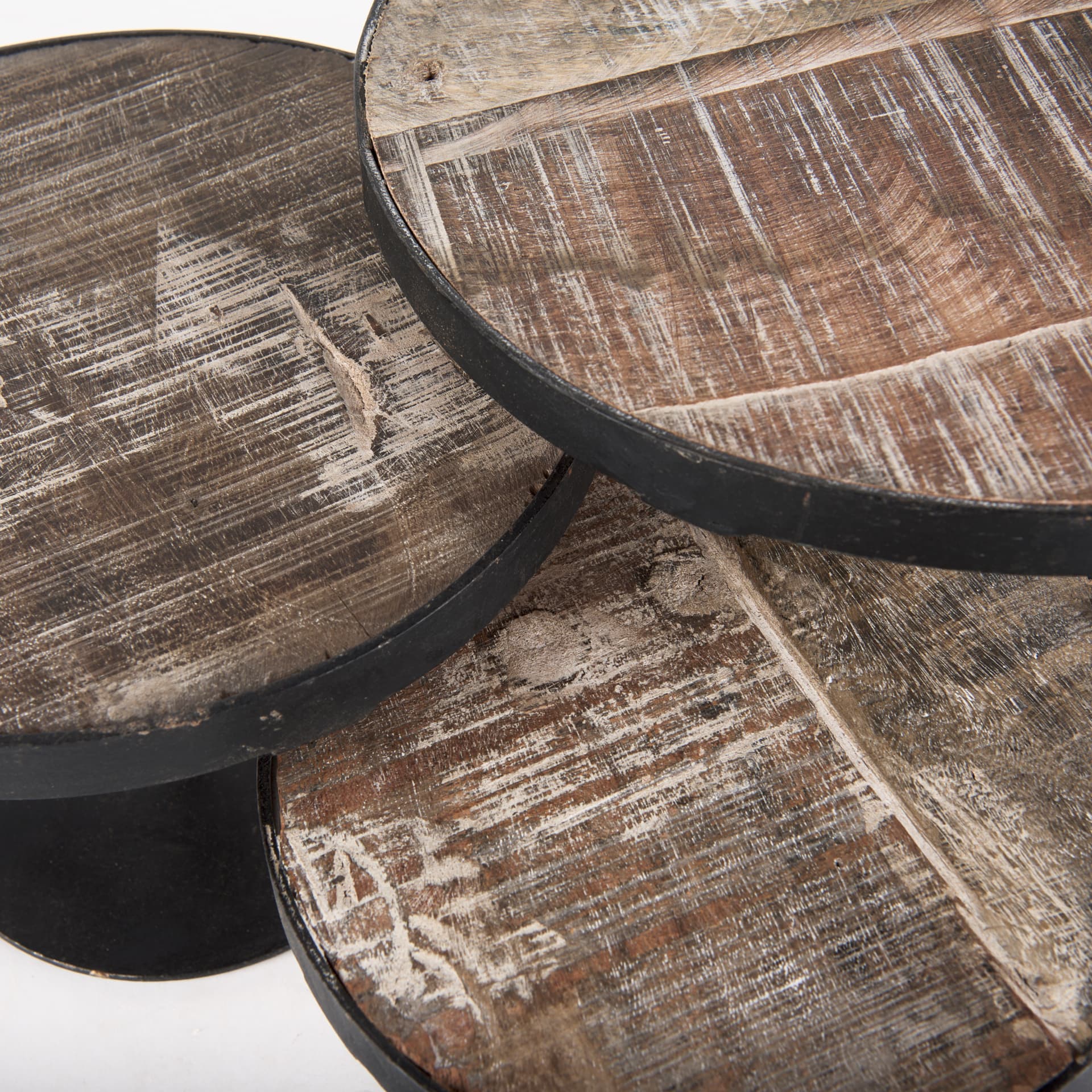 Lorenz (Set of 3) Light Brown Wood W/ Black Metal Base Round Decorative Display Stands — product photograph