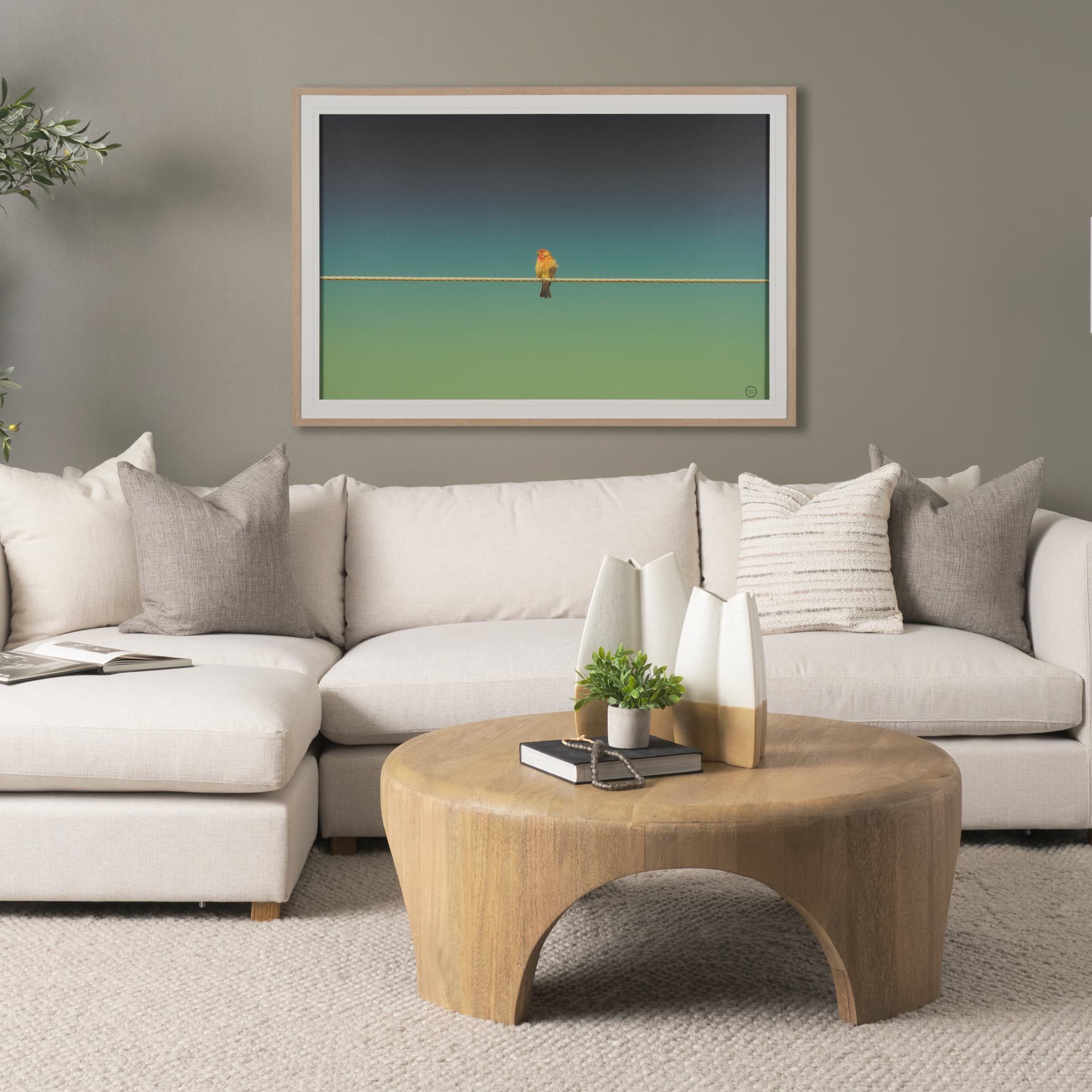 Wired Finch by Nathan Larson a Hand Embellished Framed Photo Art Print Matted under Glass — in a styled room