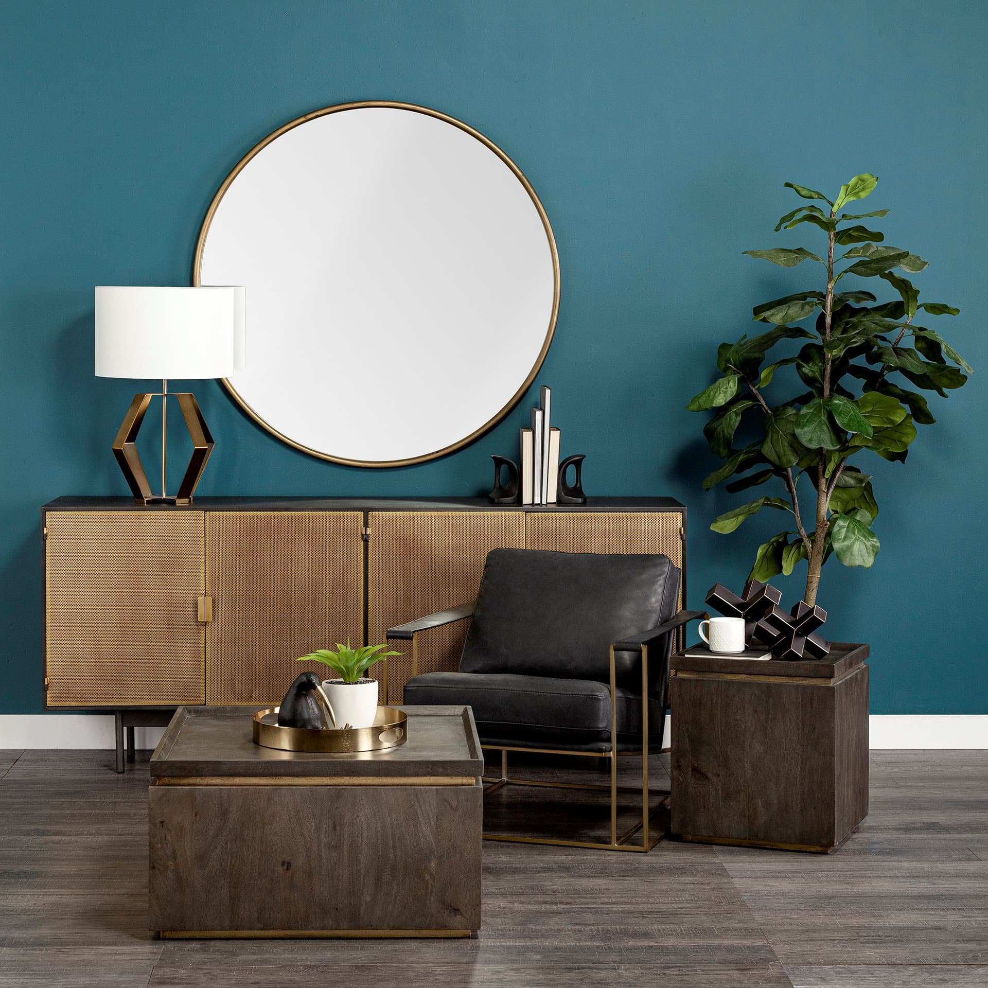 Piper 47.2L x 1.0W x 47.2H Large Gold Metal Round Wall Mirror — product photograph