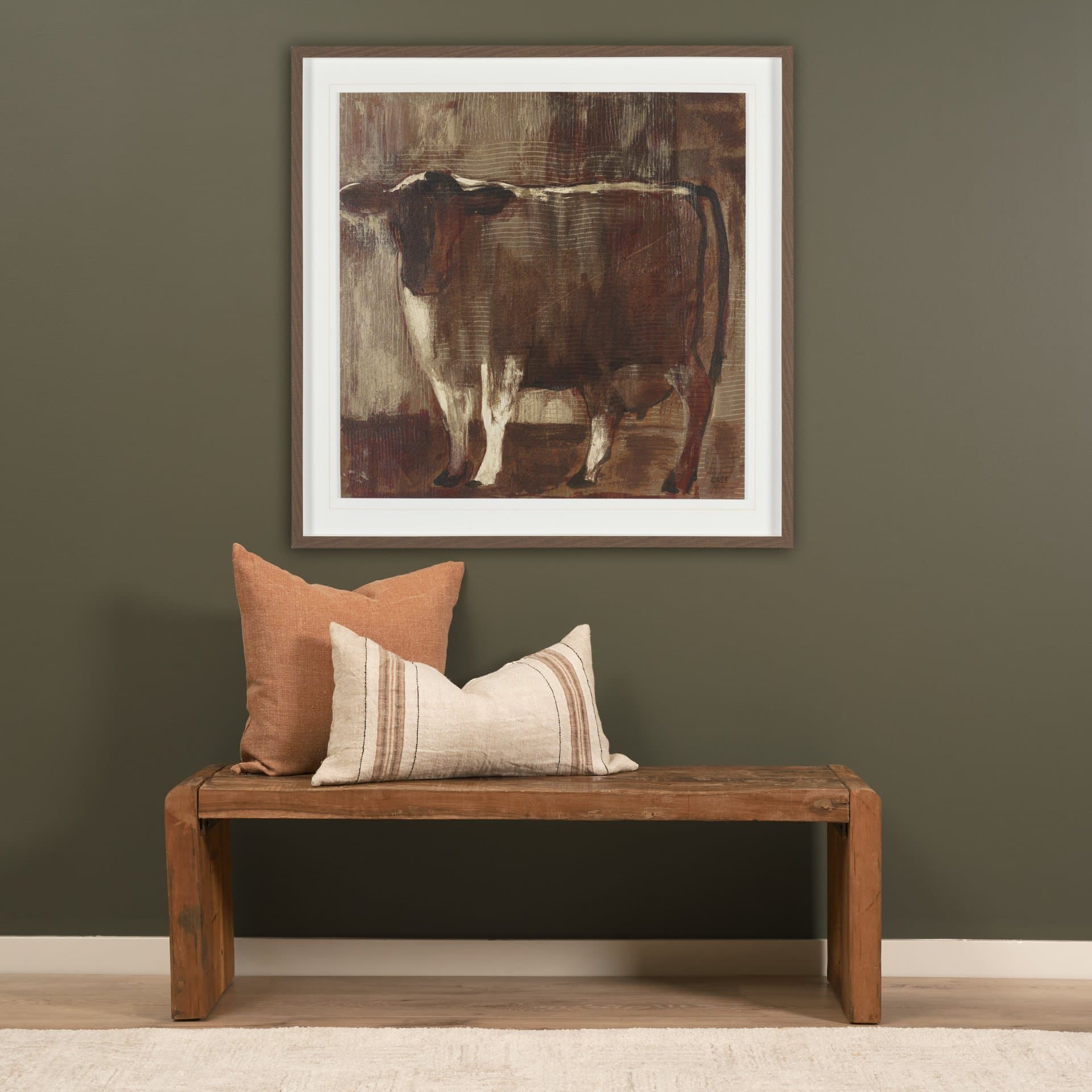 Estelle Rustic Brown Reclaimed Wood Bench — in a styled room