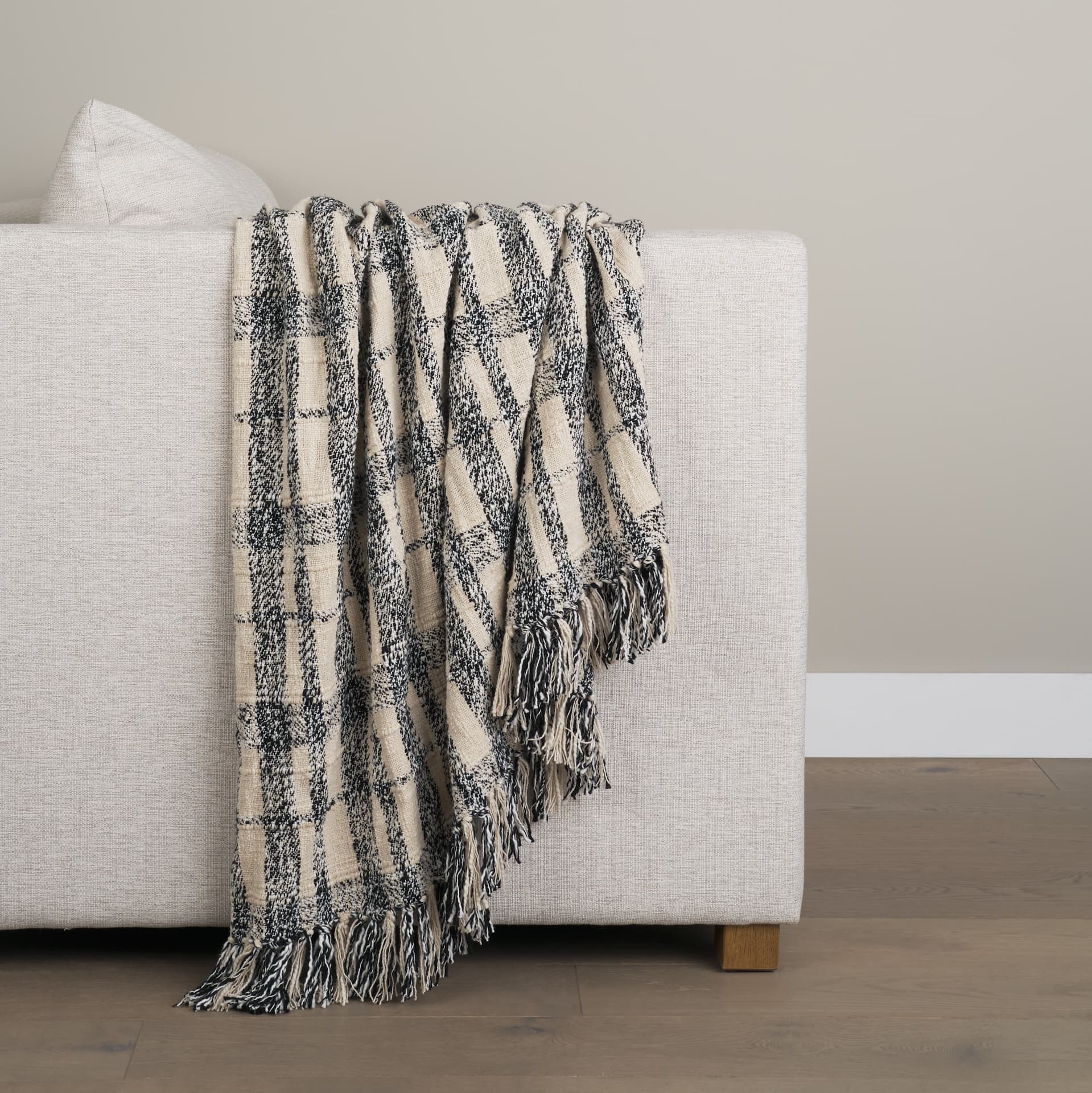 Pendle Cream w/ Woven Black Plaid Pattern Cotton Throw Blanket — product photograph