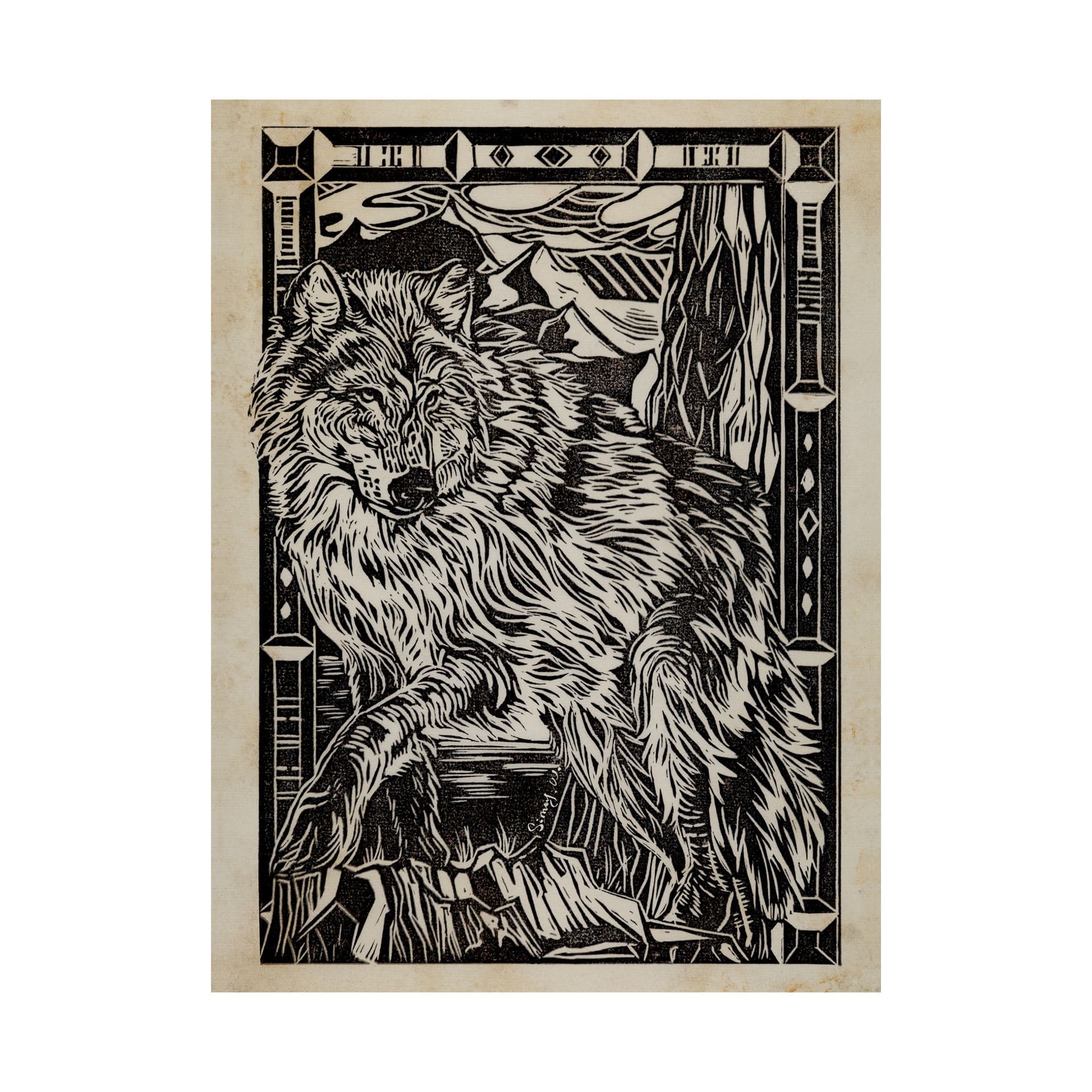 Linocut IV (Wolf) by Mercana Studio a Hand Embellished Textured Canvas — product photograph