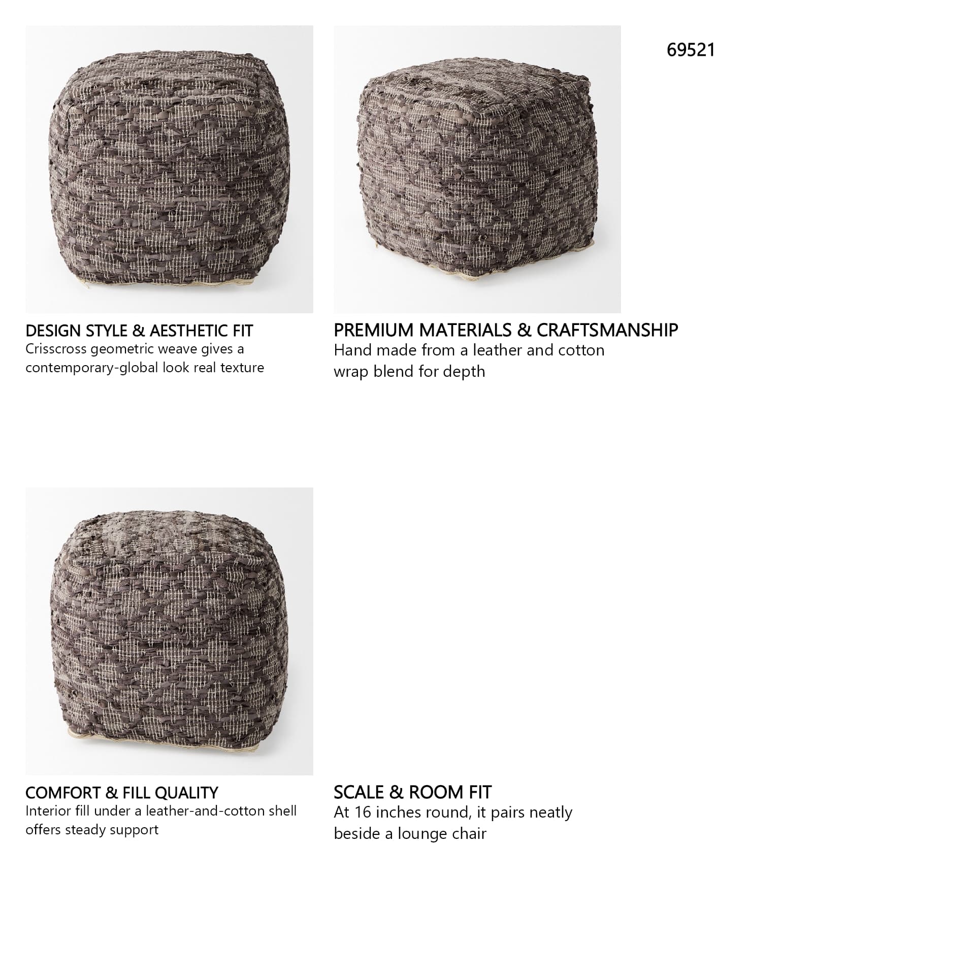 Falguni 16.0L x 16.0W x 16.0H Gray Leather and Cotton Patterned Pouf — in a styled room
