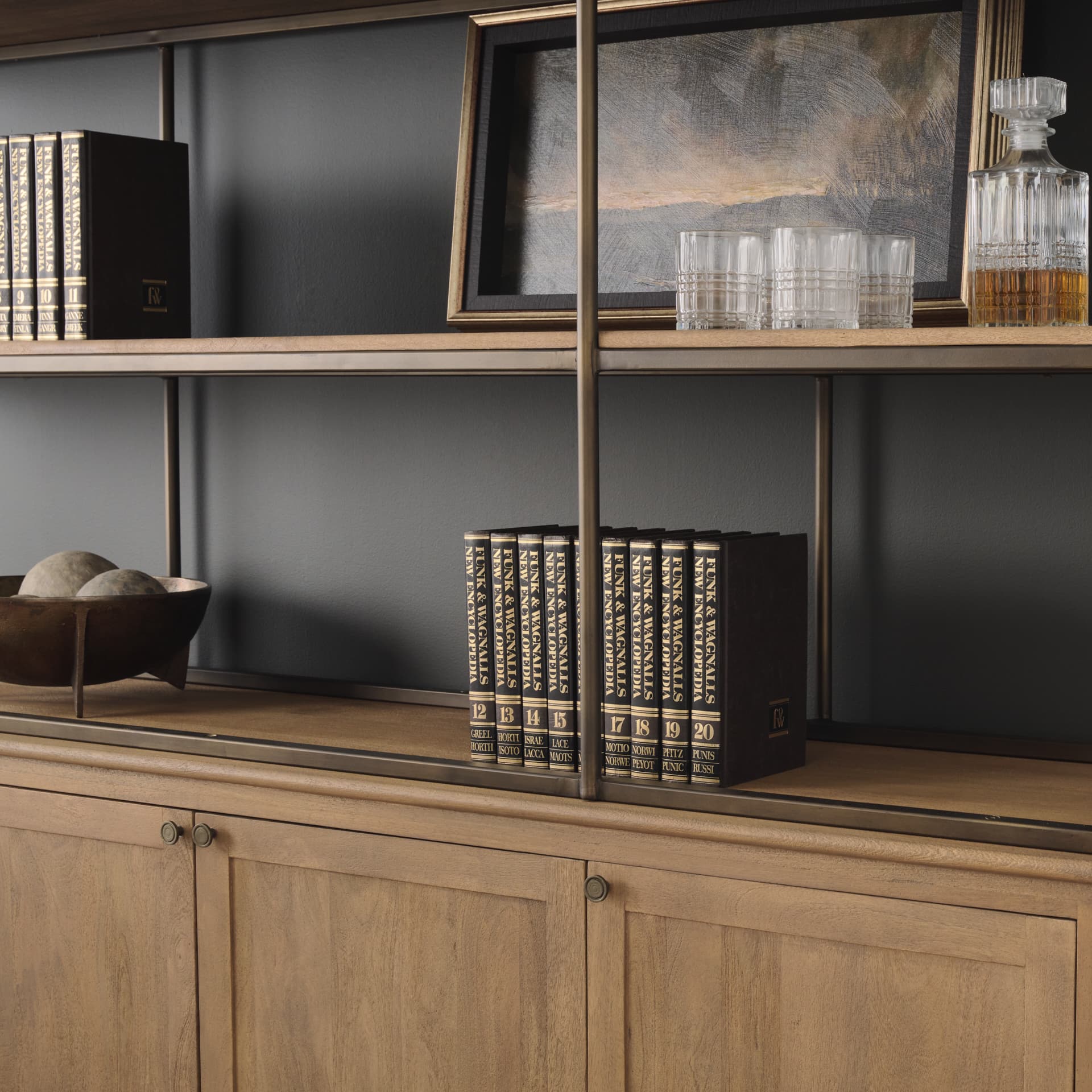 Baron 4-Door Light Brown Wood w/ Gunmetal Open Shelving Unit — product photograph