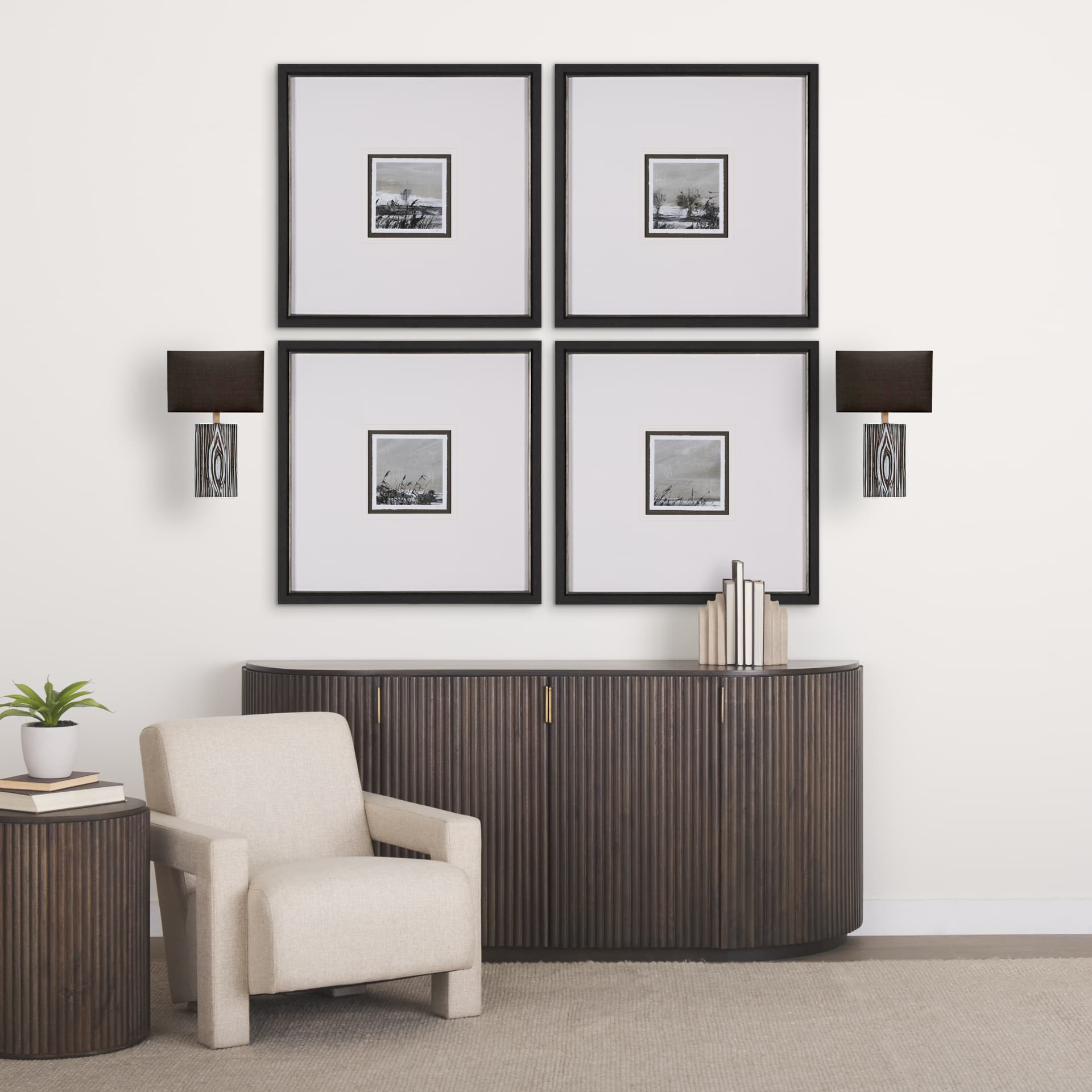 Maravilla III 11x17 Black/White Pattered Base Black Fabric Shade Wall Sconce — in a styled room