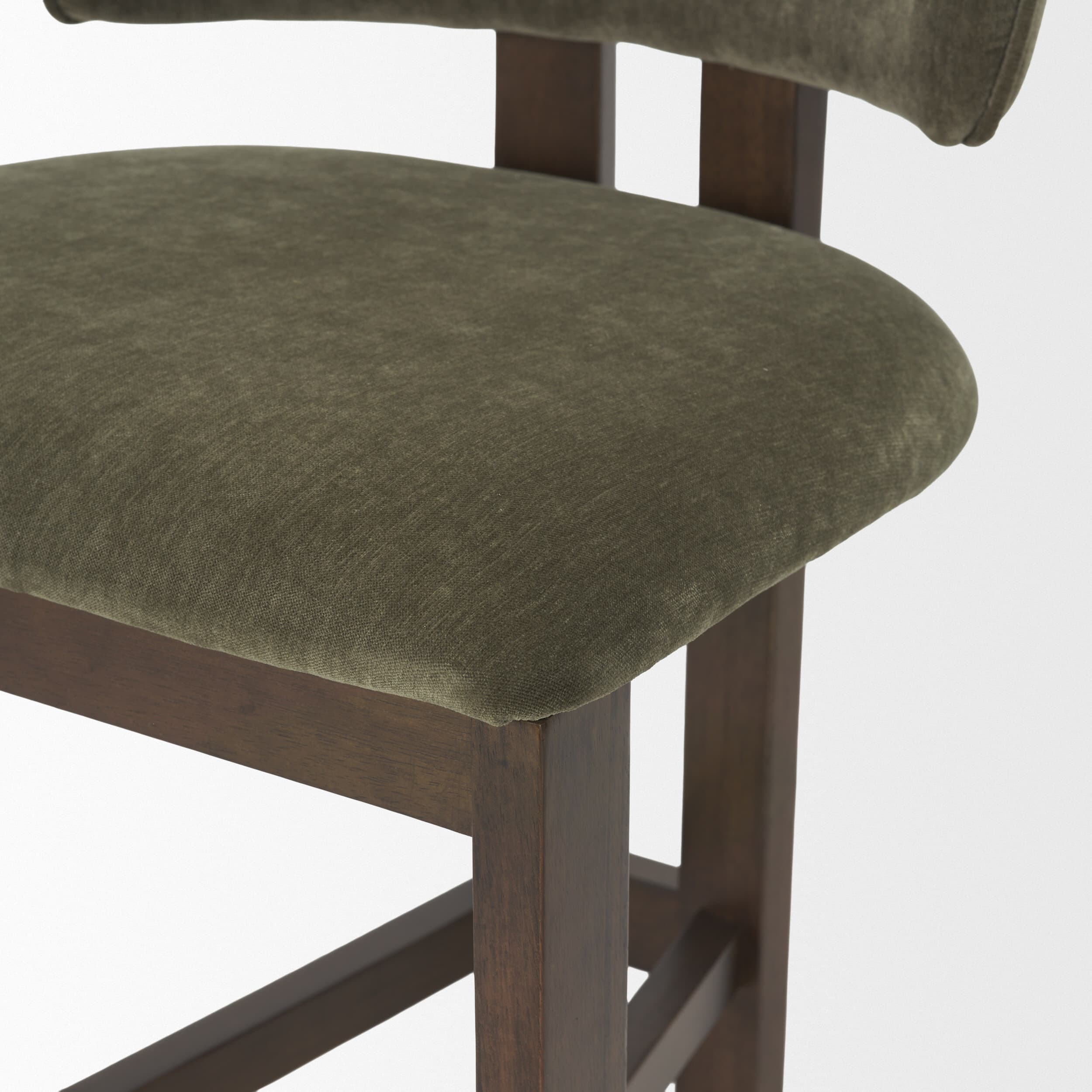 Soho Open Back 35.3in Seat Counter Stool | Olive Fabric w/ Brown Wood — product photograph