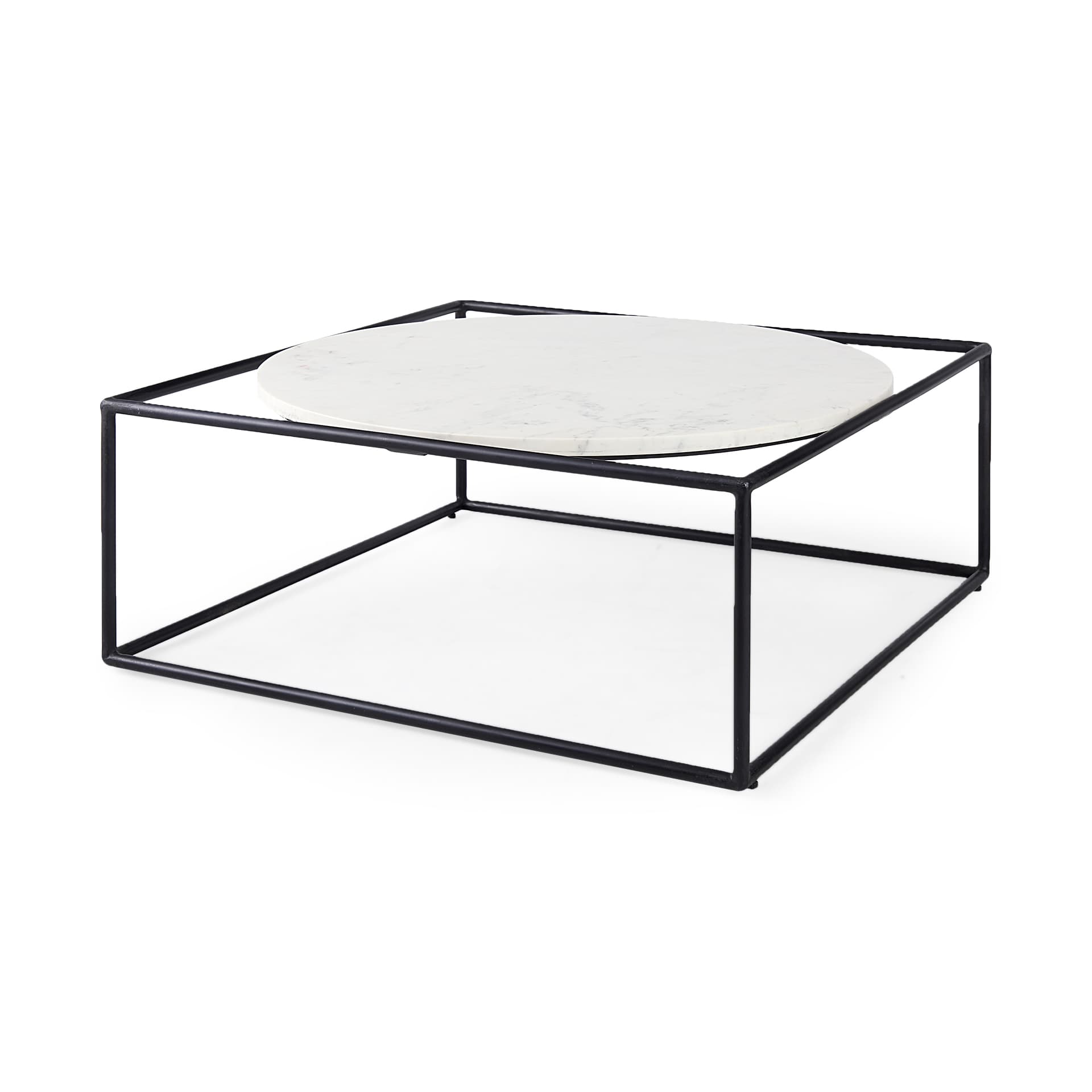 Austen 36L x 36W x 14.5H Round White Marble Top W/ Black Metal Frame Coffee Table — product photograph