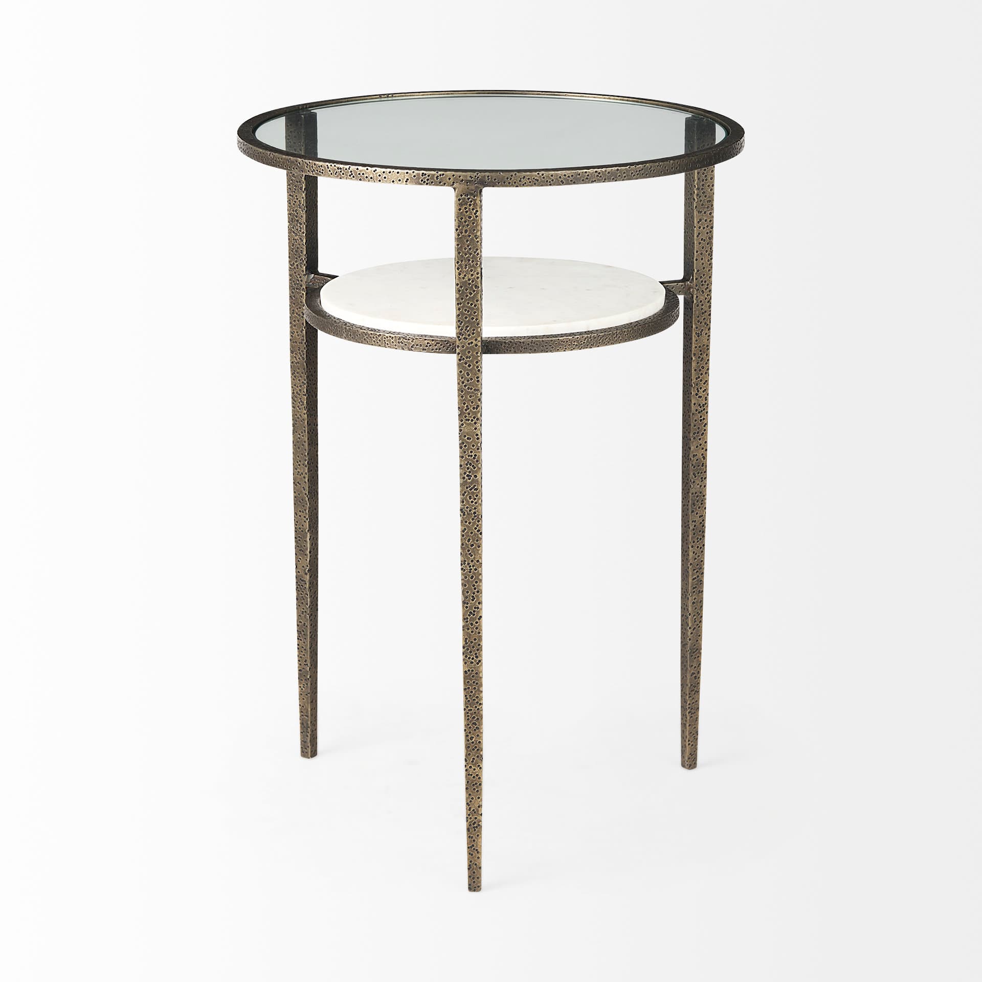 Felicity 15.8L X 15.8W X 22.5H Glass Top W/ White Marble Shelf and Antique Gold Base End/Side Table — product photograph