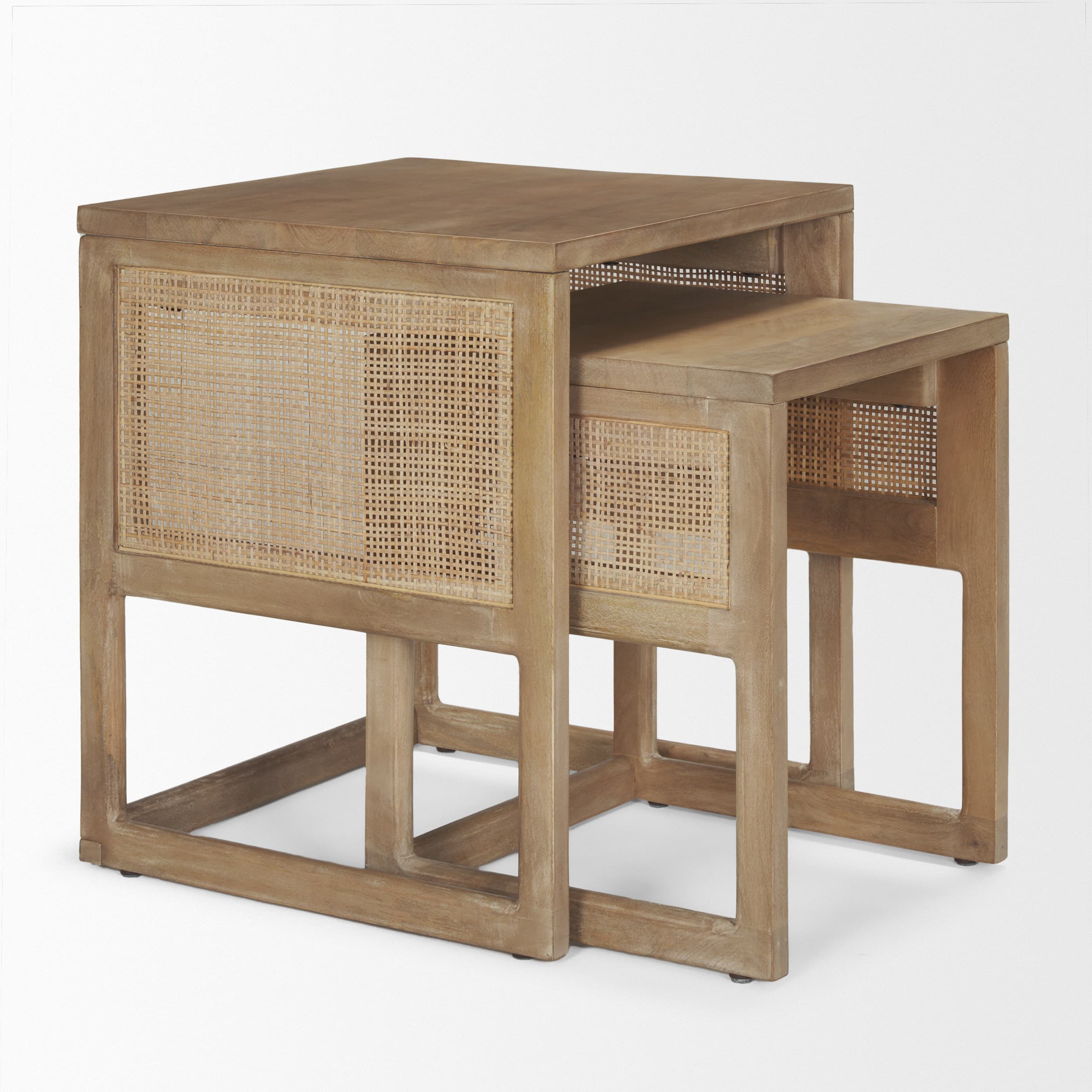 Grier Set of 2 Light Brown Solid Wood w/ Cane Nesting Accent Tables — product photograph