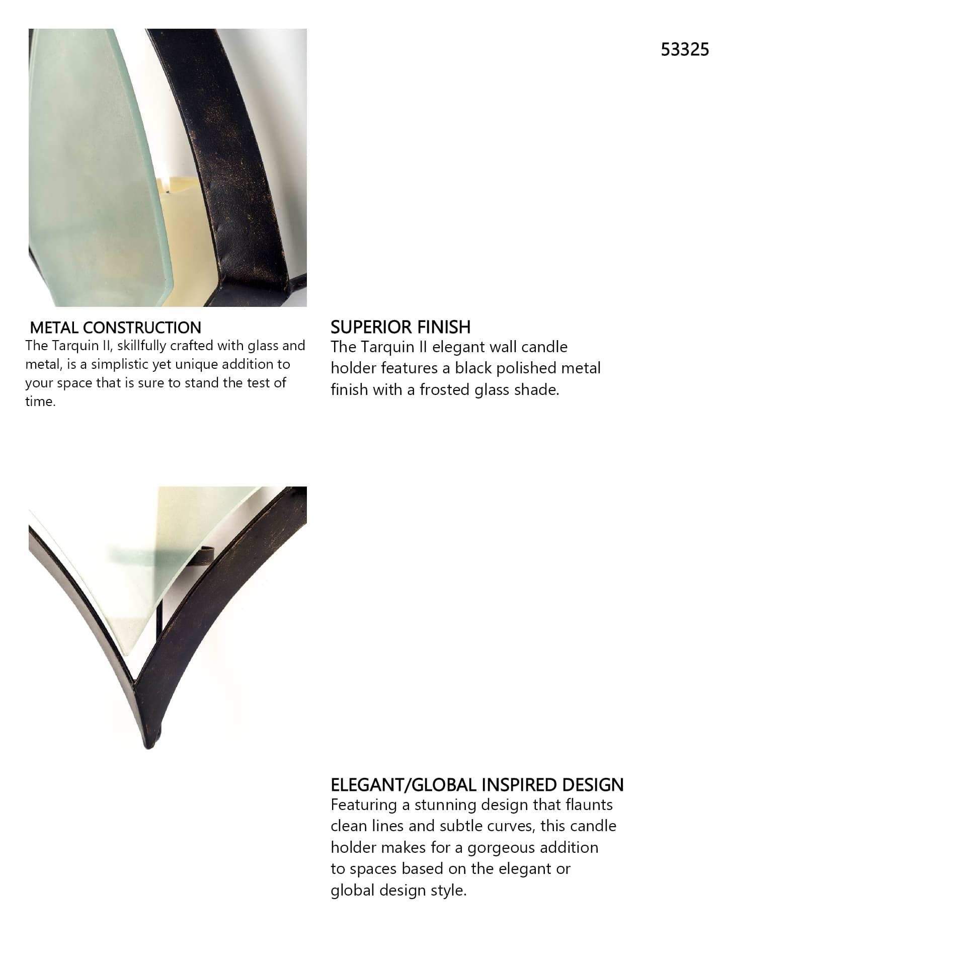 Tarquin I Black Metal Frame w/Frosted Glass Shade Wall Candle Holder — in a styled room
