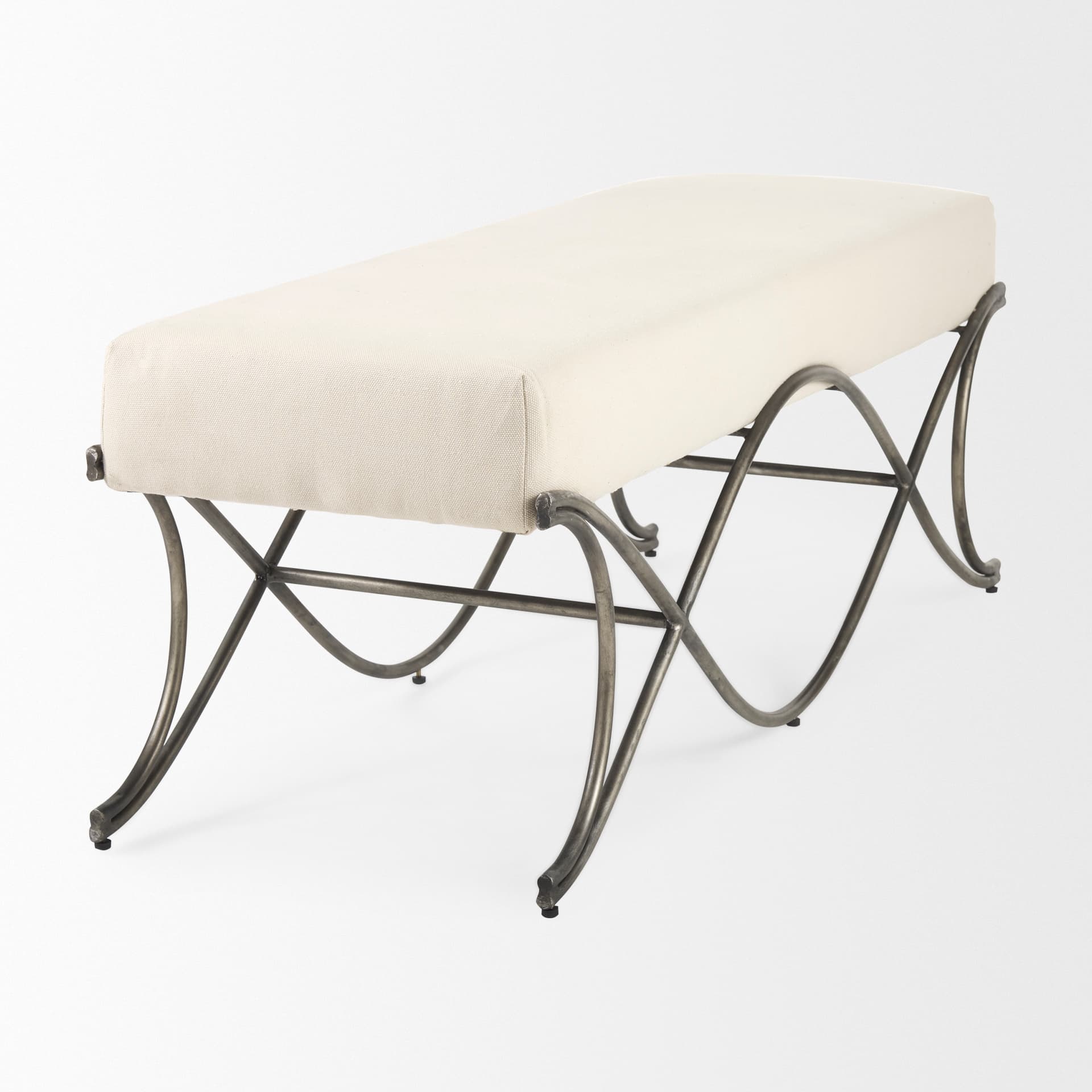 Ayla 55L x 17.6W x 18H Cream Fabric Seat W/ Antique Nickel Frame Bench — product photograph