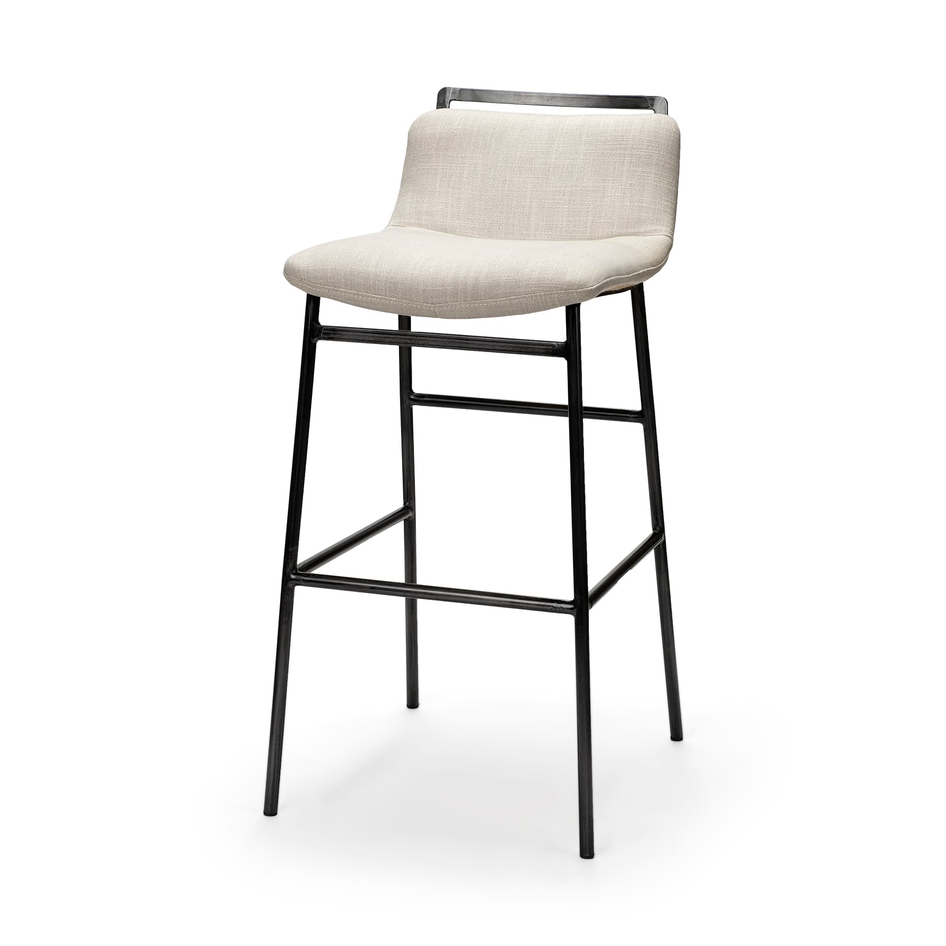 Kavalan Low Back 28.5in Seat Bar Stool | Beige Fabric w/ Gray Metal — product photograph