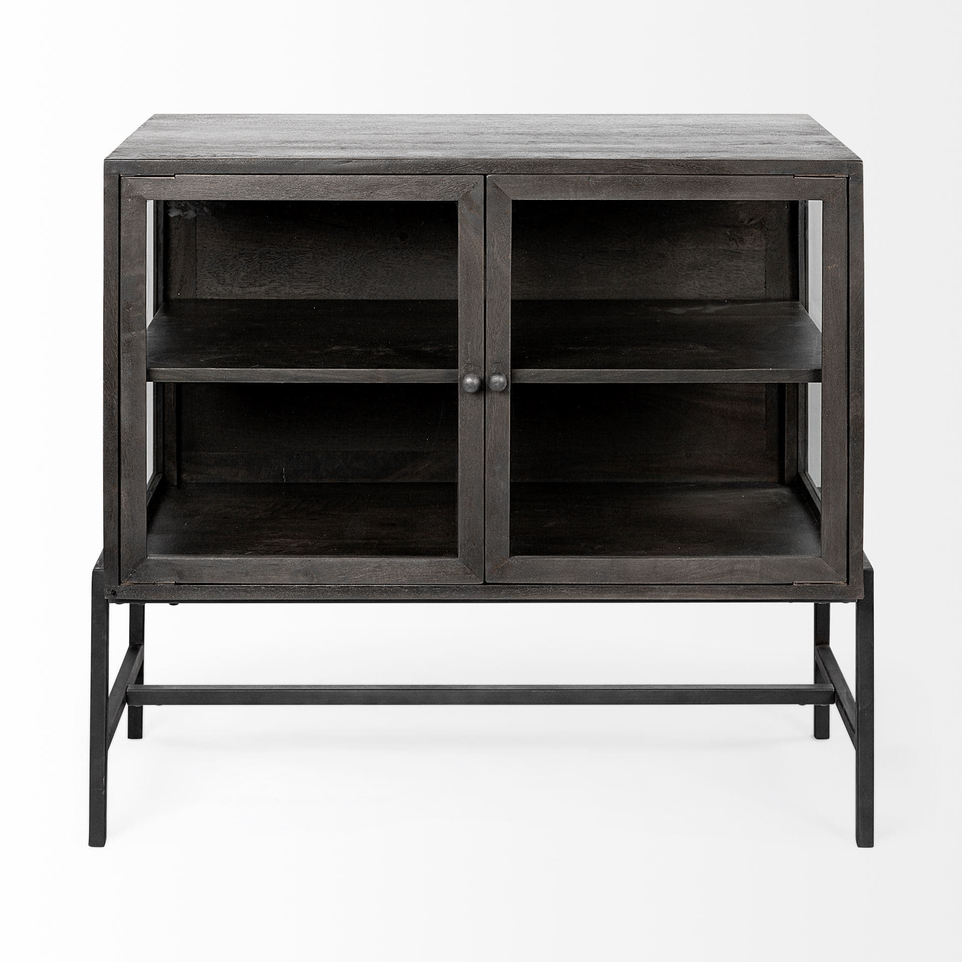 Arelius 36L x 18W Black-Brown Wood, Black Metal Base w/ 2 Glass Doors Accent Cabinet — product photograph