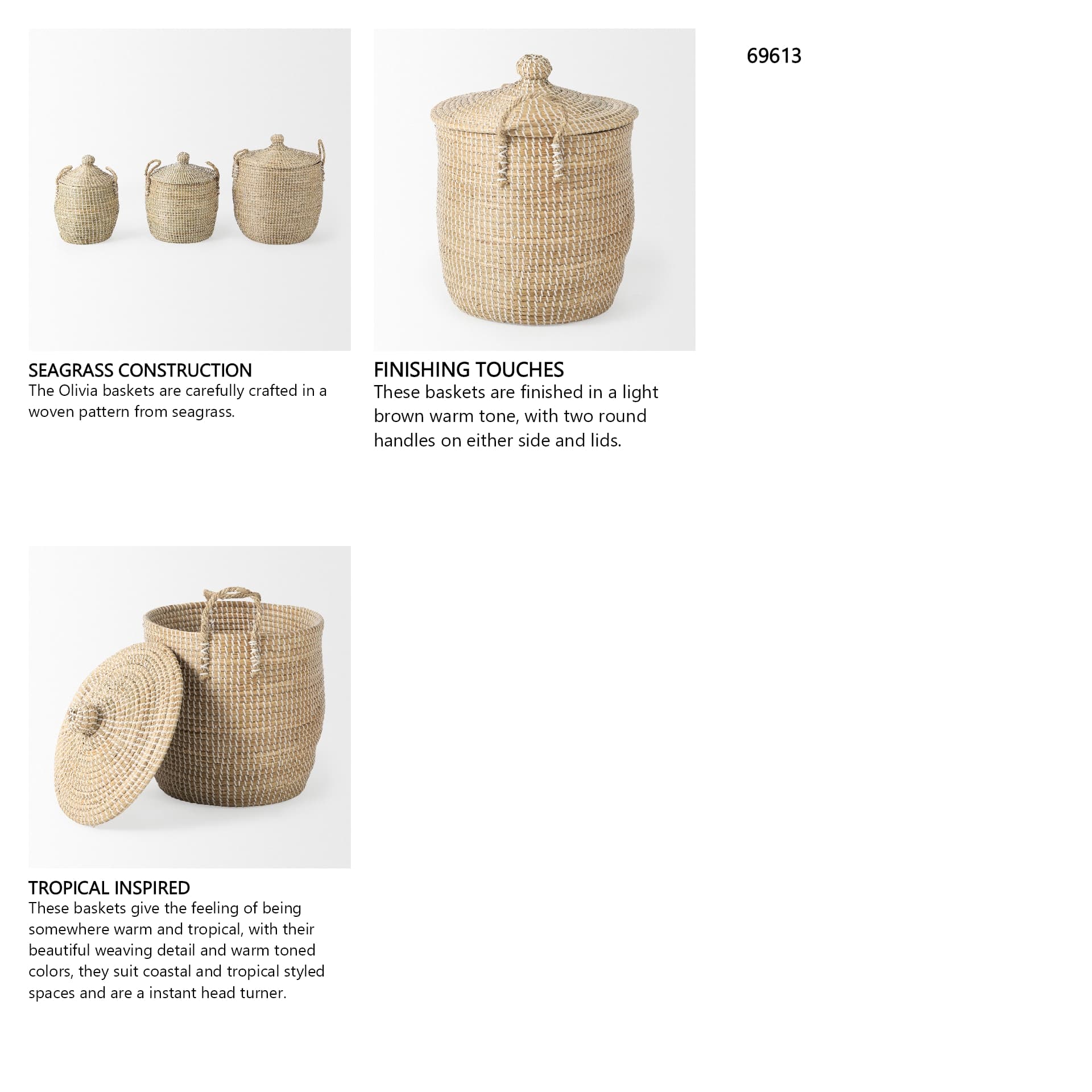 Olivia 15.7L x 15.7W x 17.3H Set of 3 Beige Seagrass Basket W/Lid and Handles — in a styled room