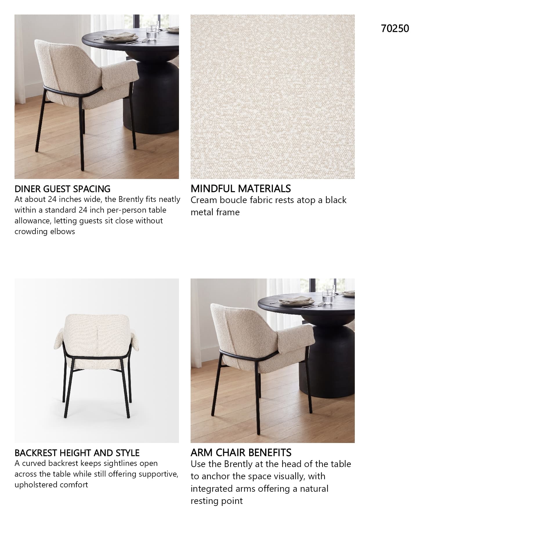 Brently Curved Back Dining Arm Chair | Cream Boucle w/ Metal — in a styled room