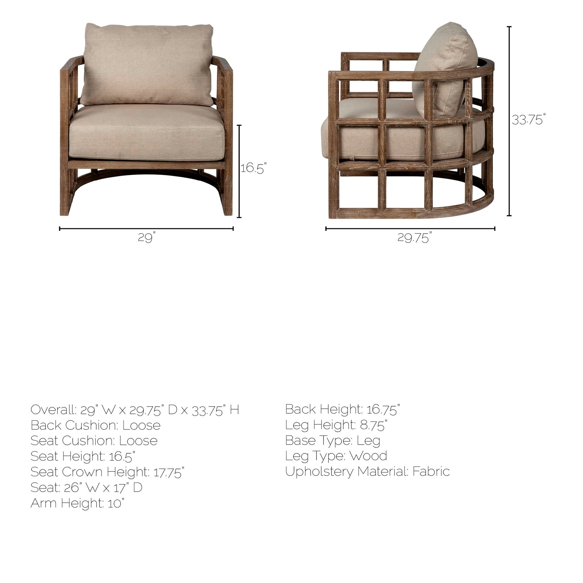 Skylar II Tan Fabric Covered Cushioned Demi-Lune Wooden Frame Accent Chair — product photograph