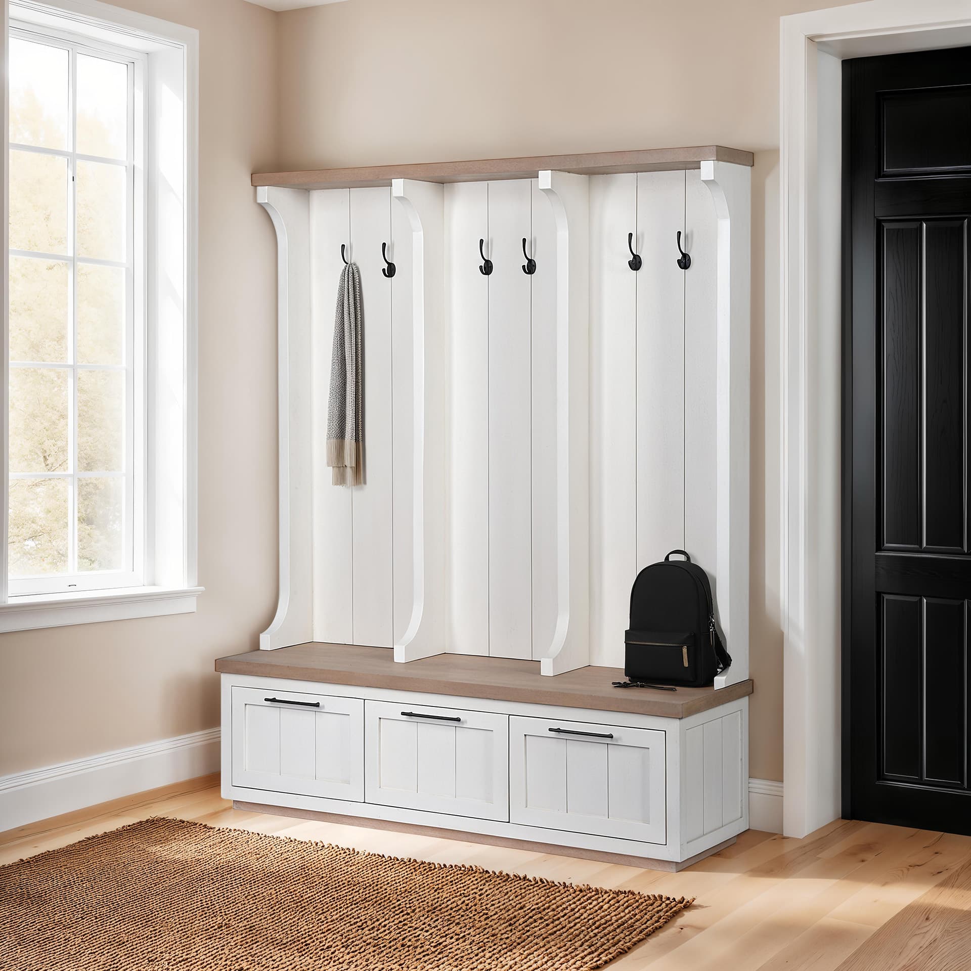 Fairview IV 61L x 17W White And Brown Wood With Storage Hall Tree — in a styled room