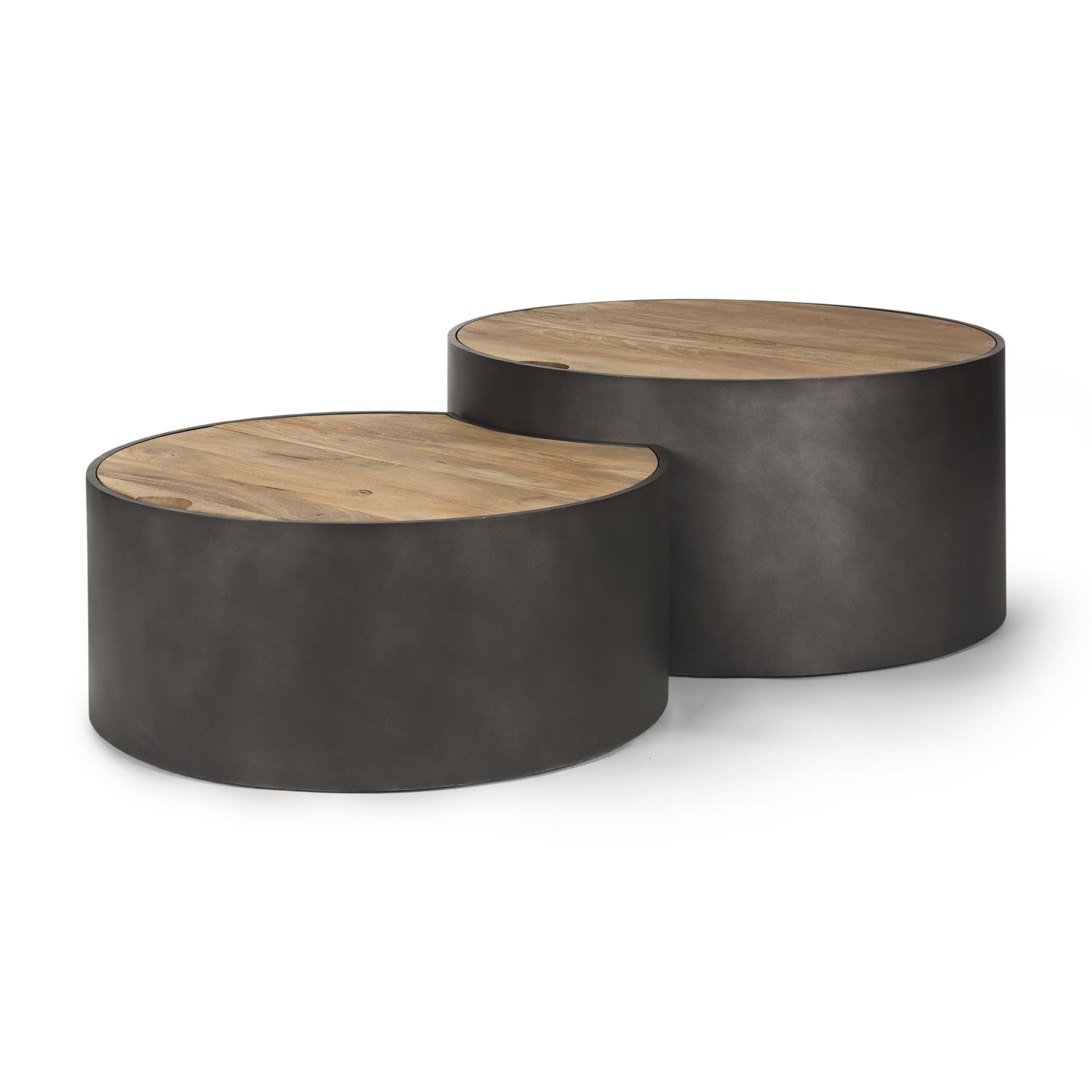 Eclipse Gunmetal Gray Drum Base w/ Brown Wood Top Nested Coffee Table — product photograph