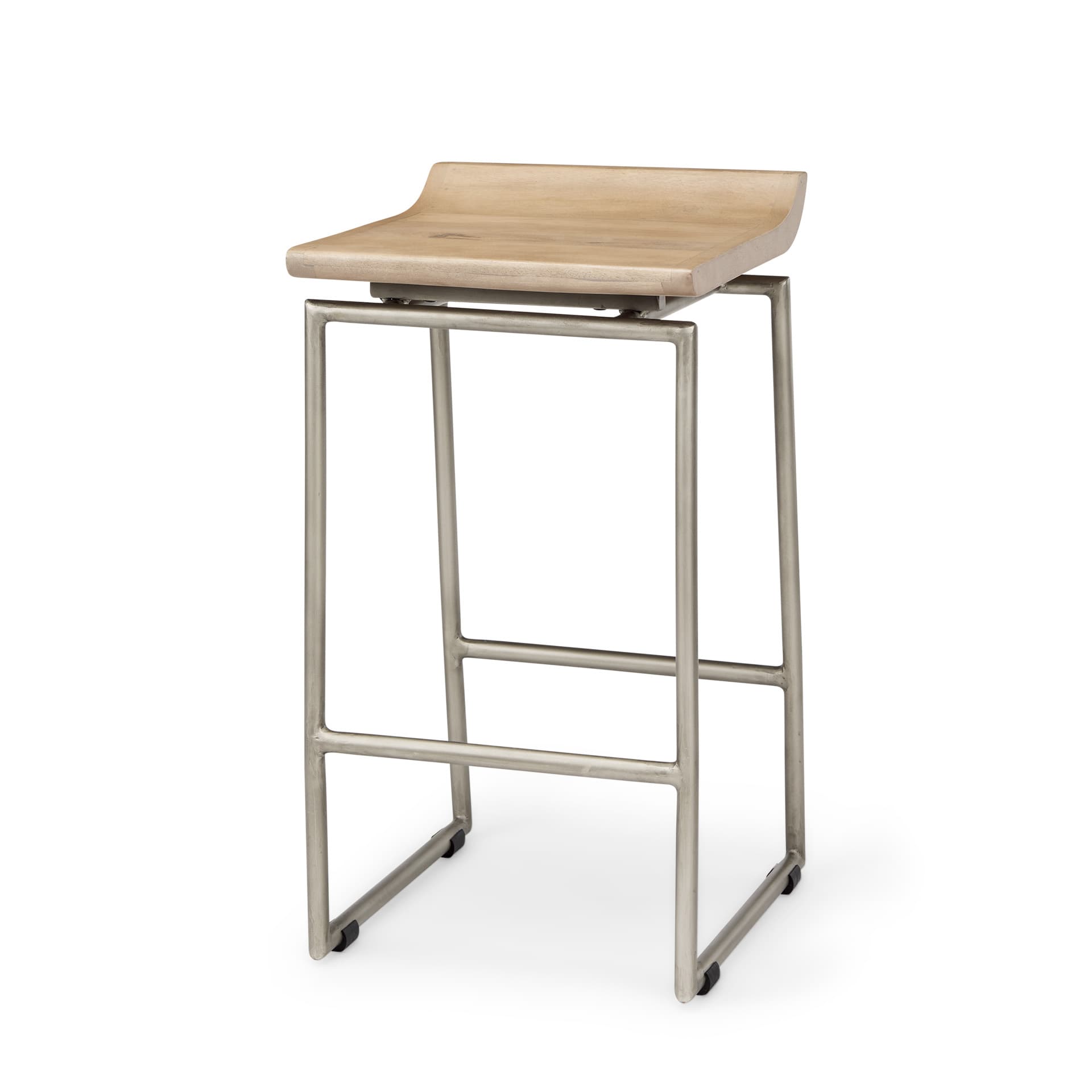 Givens Low Back 26in Seat Counter Stool | Brown Wood w/ Silver Metal — product photograph