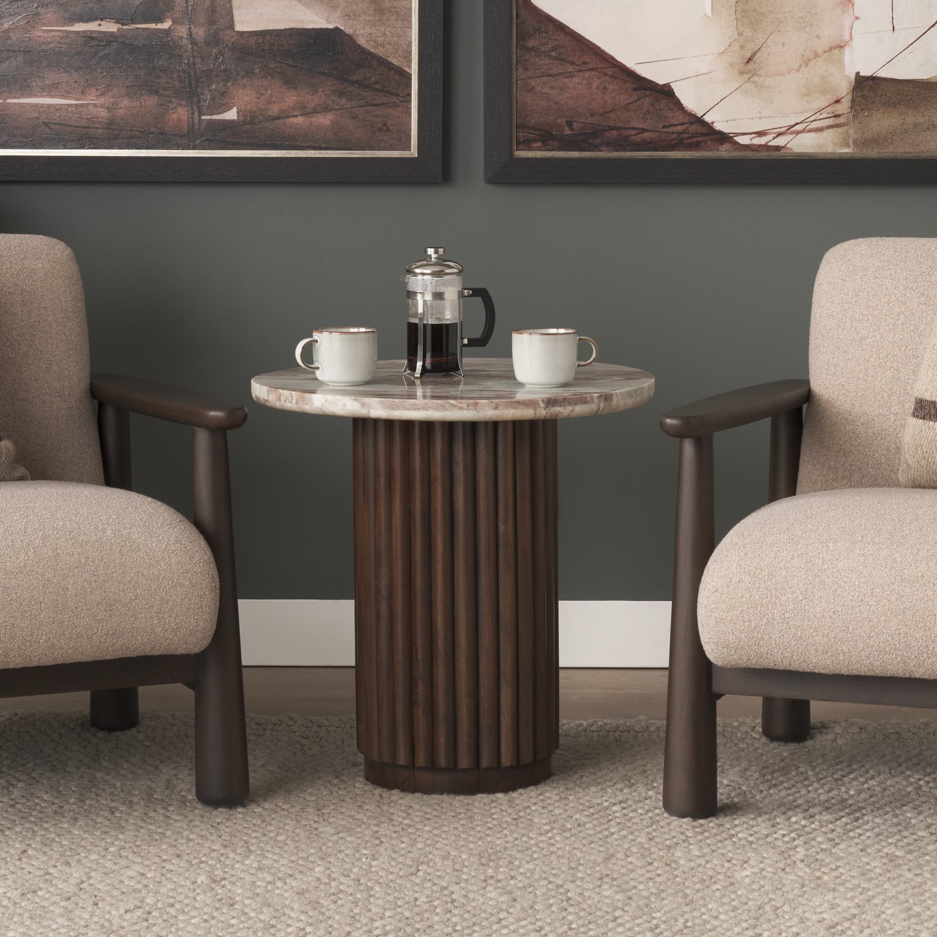 Marbrello Pink Marble Top Espresso Brown Fluted Wood Round Side Table — in a styled room