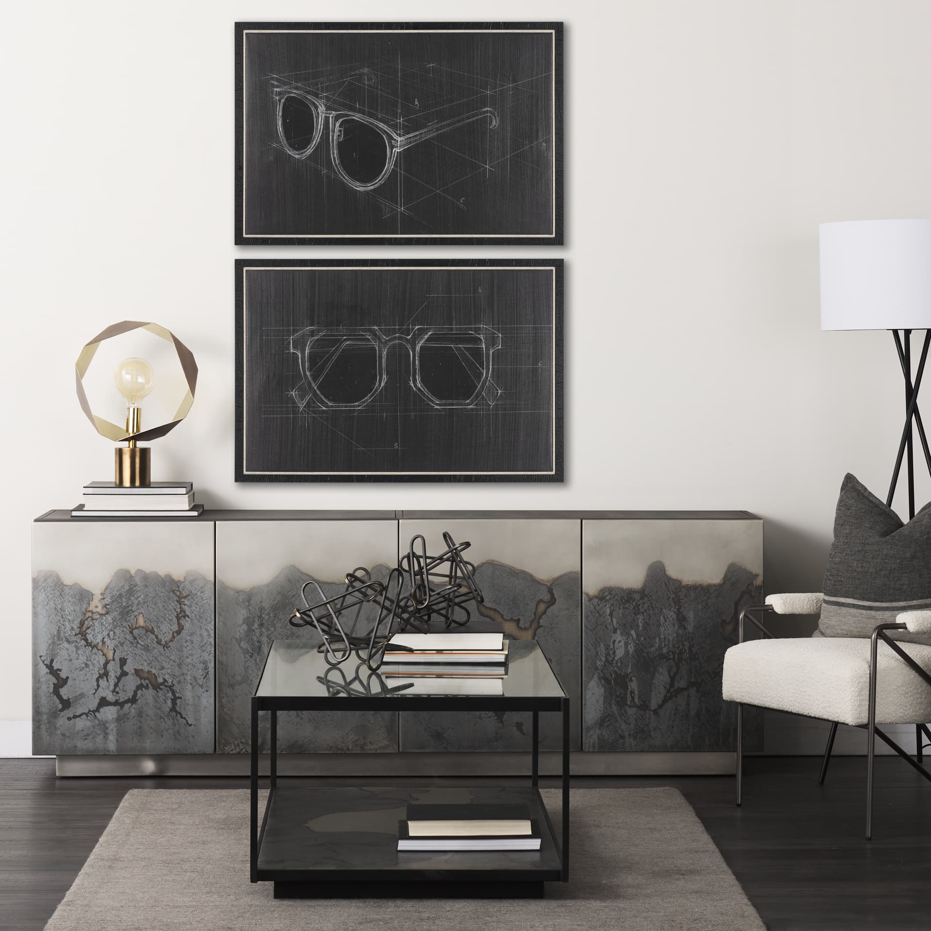 Glasses II by Dayna Matthews a Hand Embellished Textured Framed Canvas — in a styled room