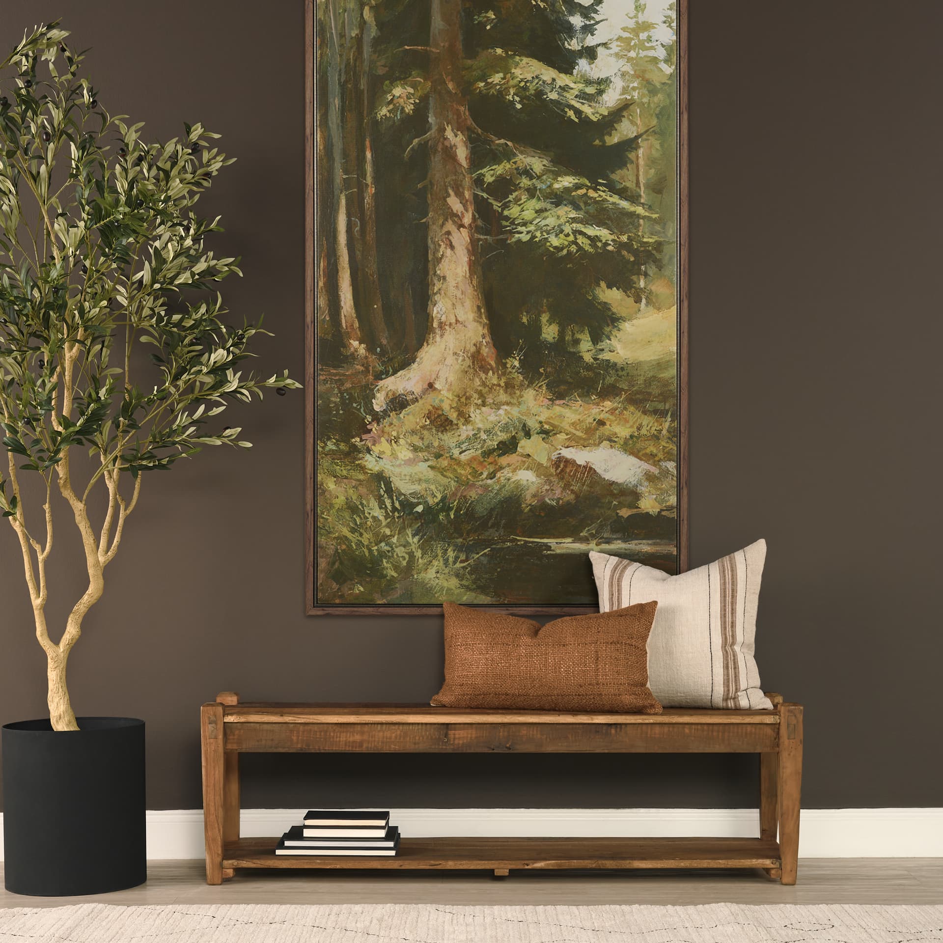 Ashwick Dark Brown Reclaimed Wood Bench — in a styled room