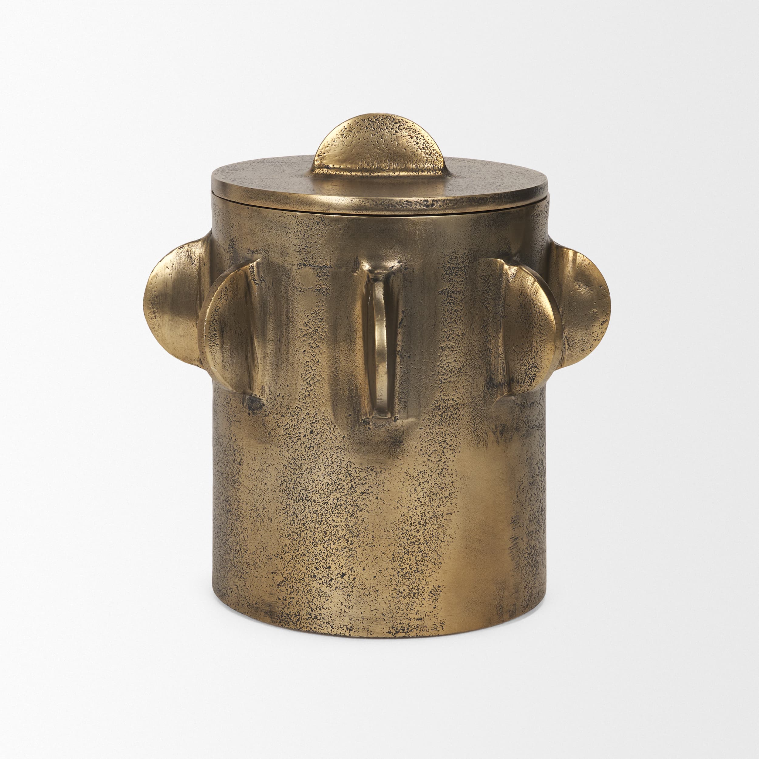 Deacon Large Antiqued Gold Metal Canister with Sculptural Handles — product photograph